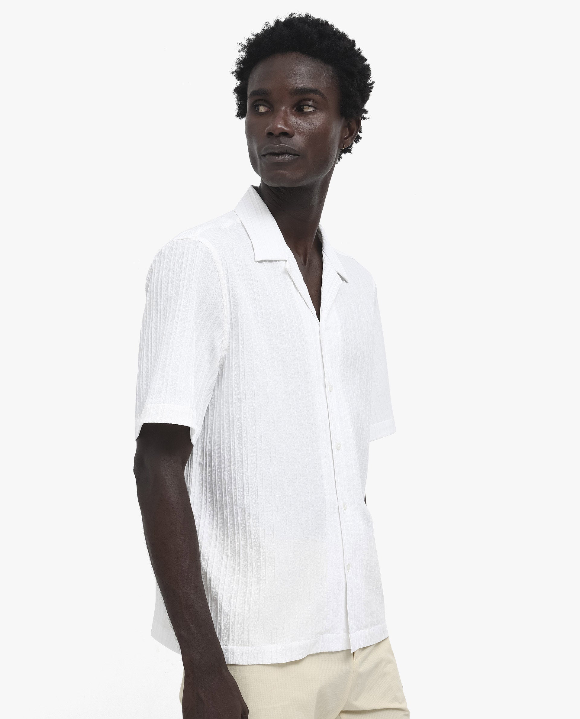 Rare Rabbit Men's Mirtilo White Polyester Fabric Short Sleeve Cuban Collar Self Stripe Textured Shirt