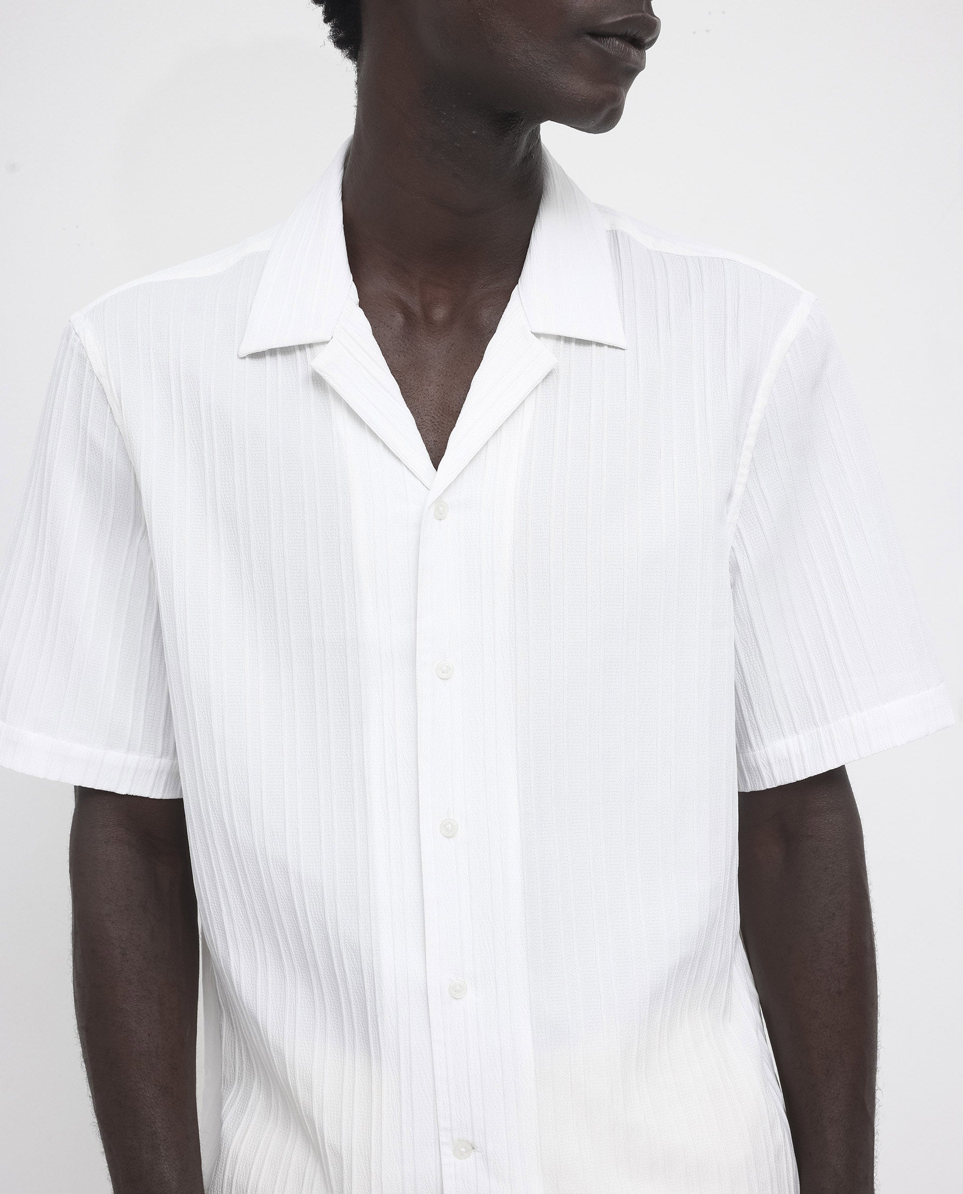 Rare Rabbit Men's Mirtilo White Polyester Fabric Short Sleeve Cuban Collar Self Stripe Textured Shirt