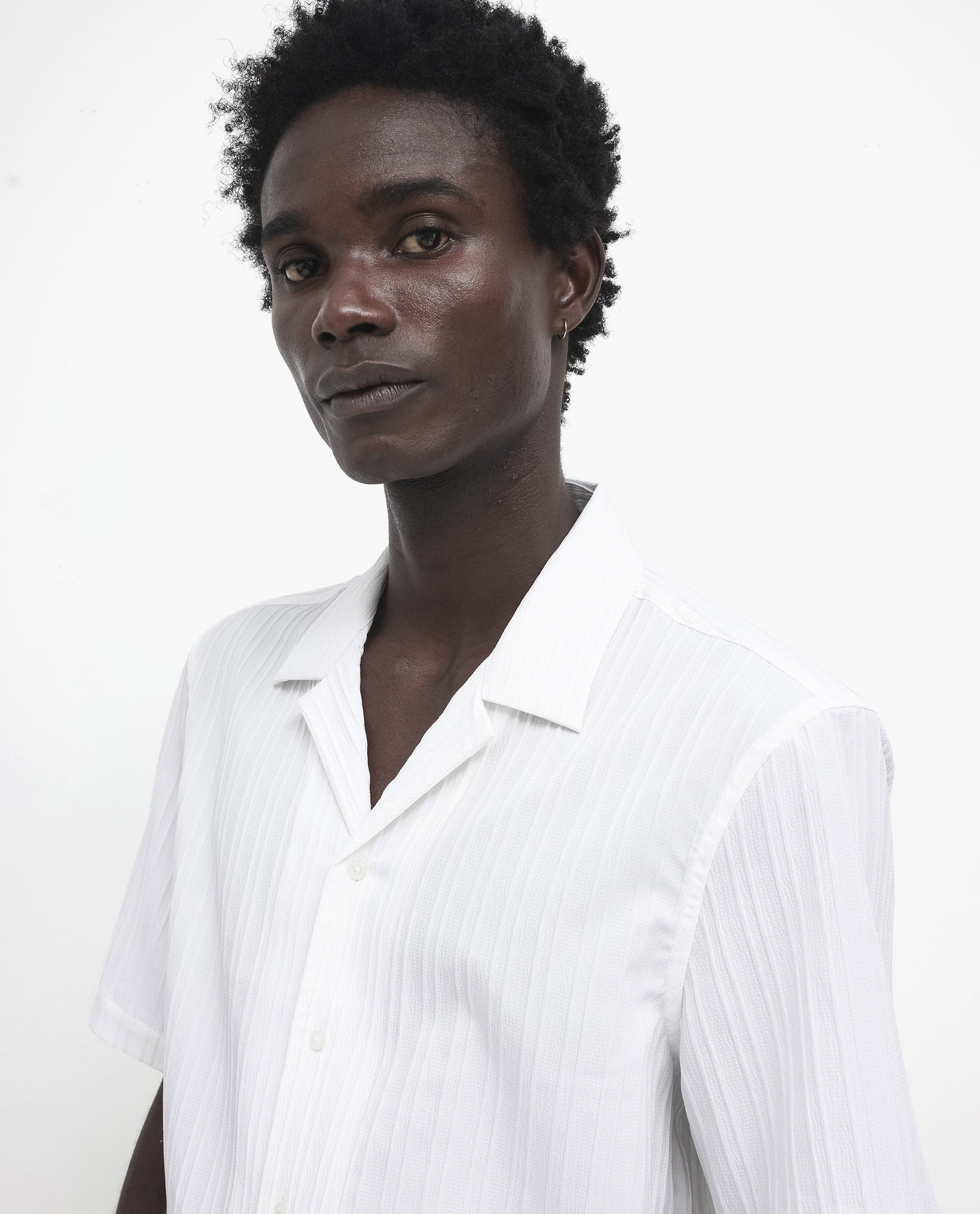 Rare Rabbit Men's Mirtilo White Polyester Fabric Short Sleeve Cuban Collar Self Stripe Textured Shirt