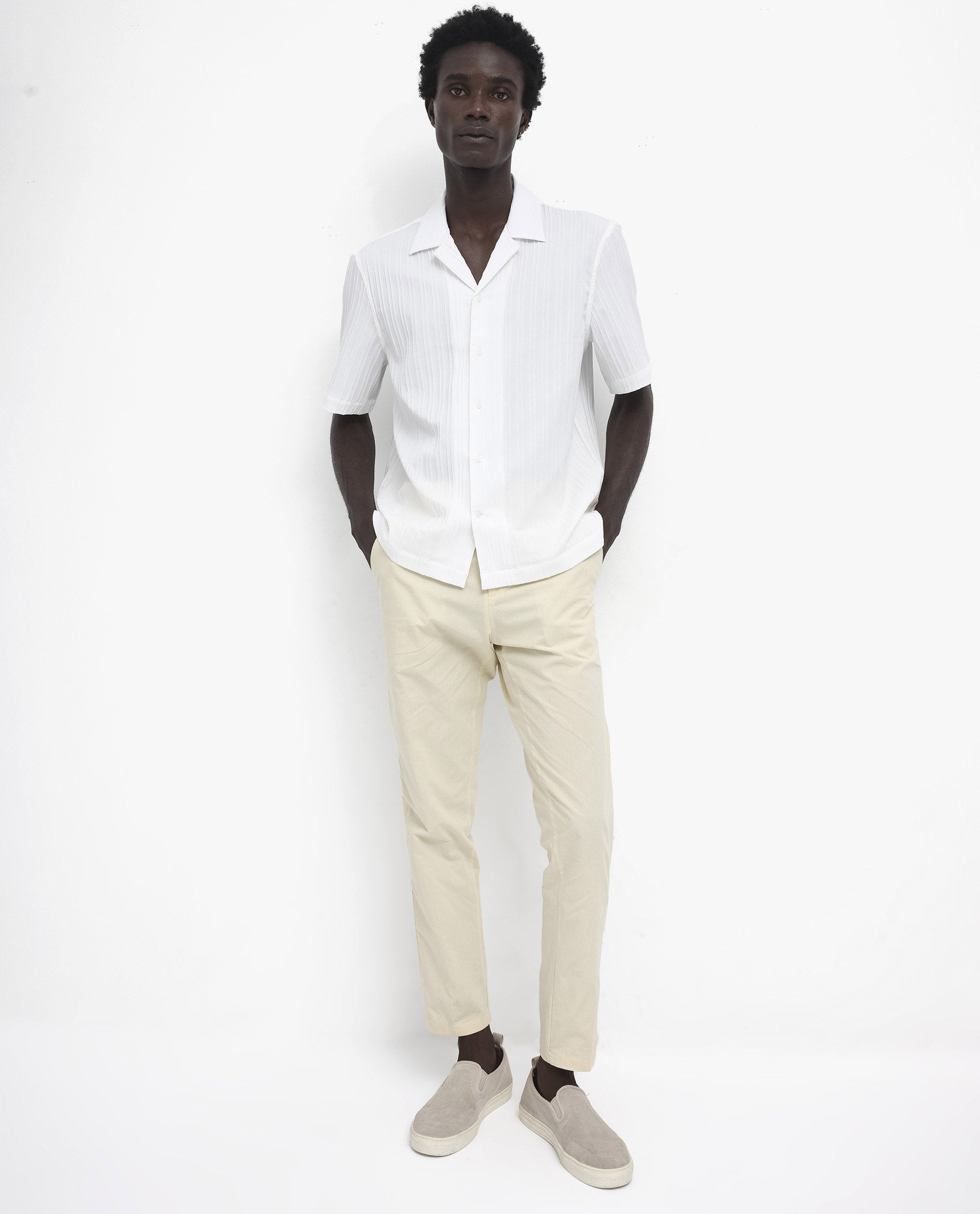 Rare Rabbit Men's Mirtilo White Polyester Fabric Short Sleeve Cuban Collar Self Stripe Textured Shirt