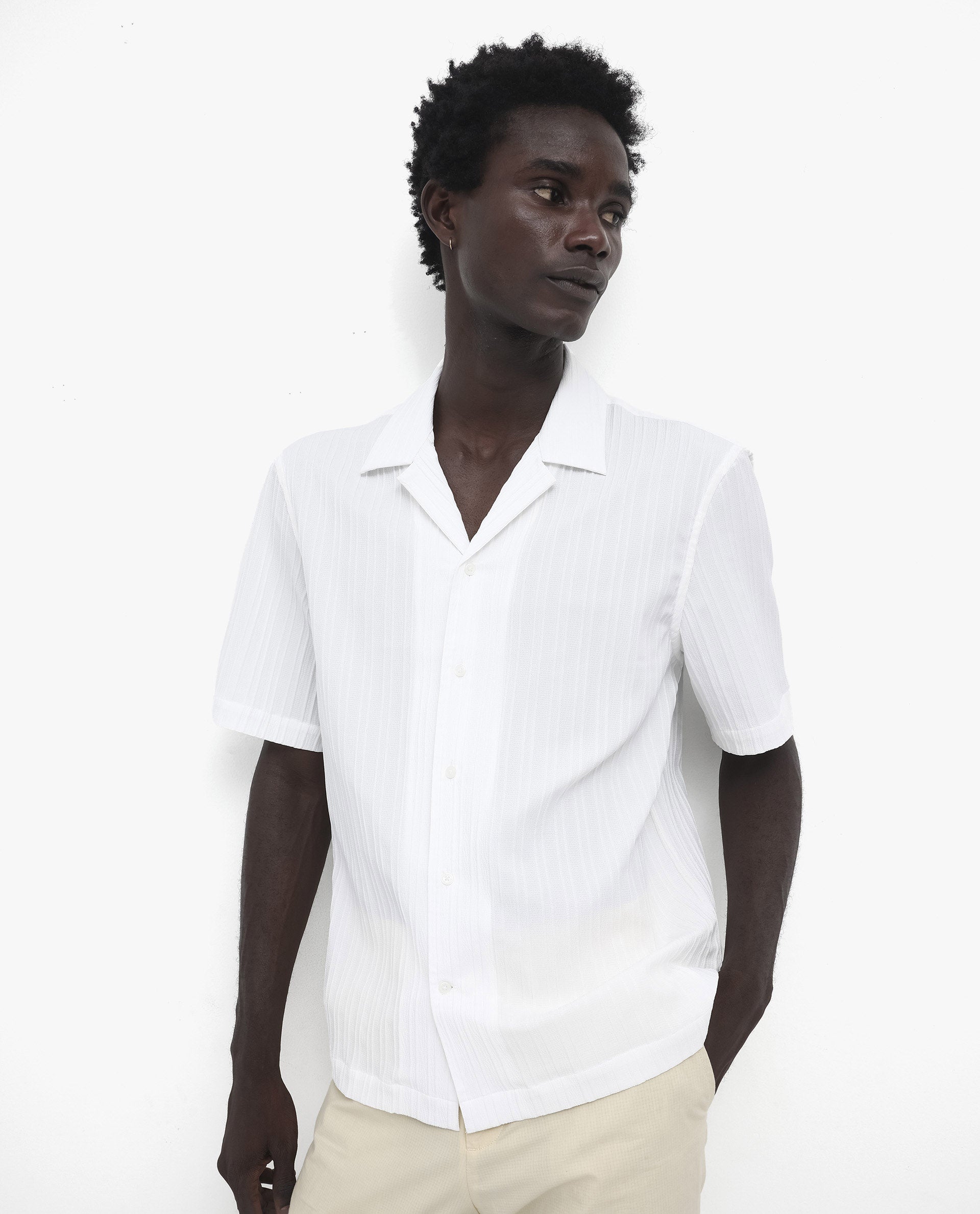 Rare Rabbit Men's Mirtilo White Polyester Fabric Short Sleeve Cuban Collar Self Stripe Textured Shirt