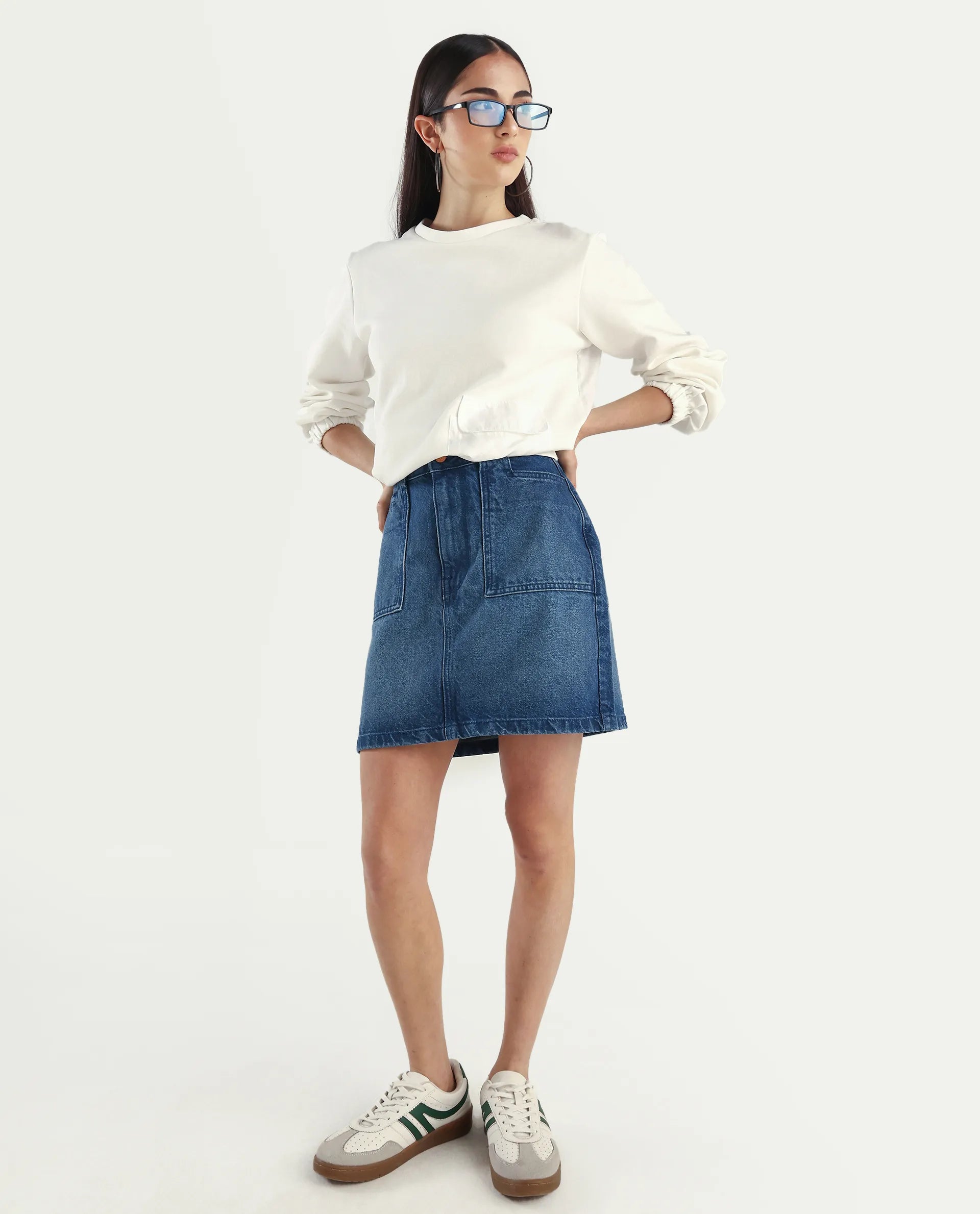 Rareism Women's Misky Blue Cotton Plain Mini Straight Fit Skirt