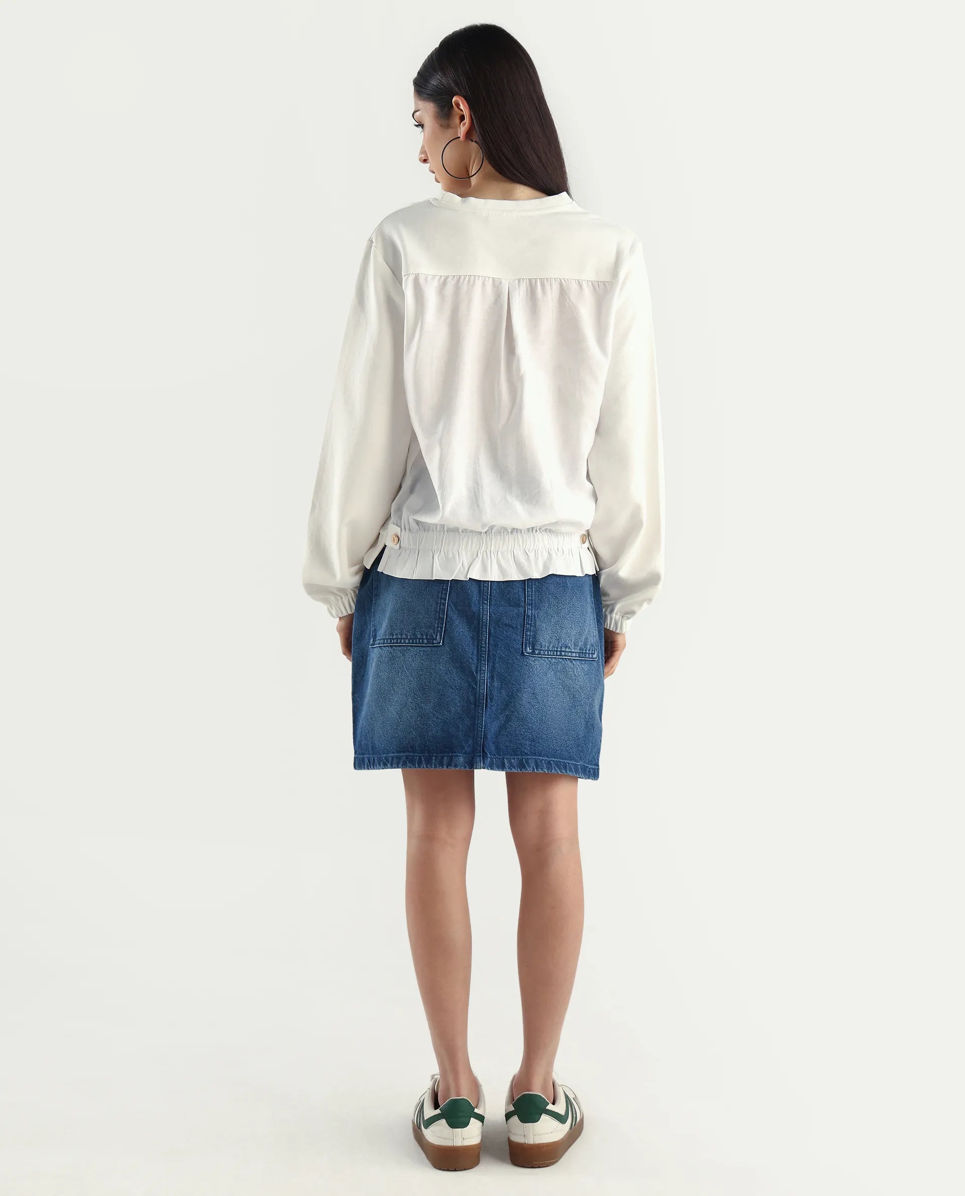 Rareism Women's Misky Blue Cotton Plain Mini Straight Fit Skirt