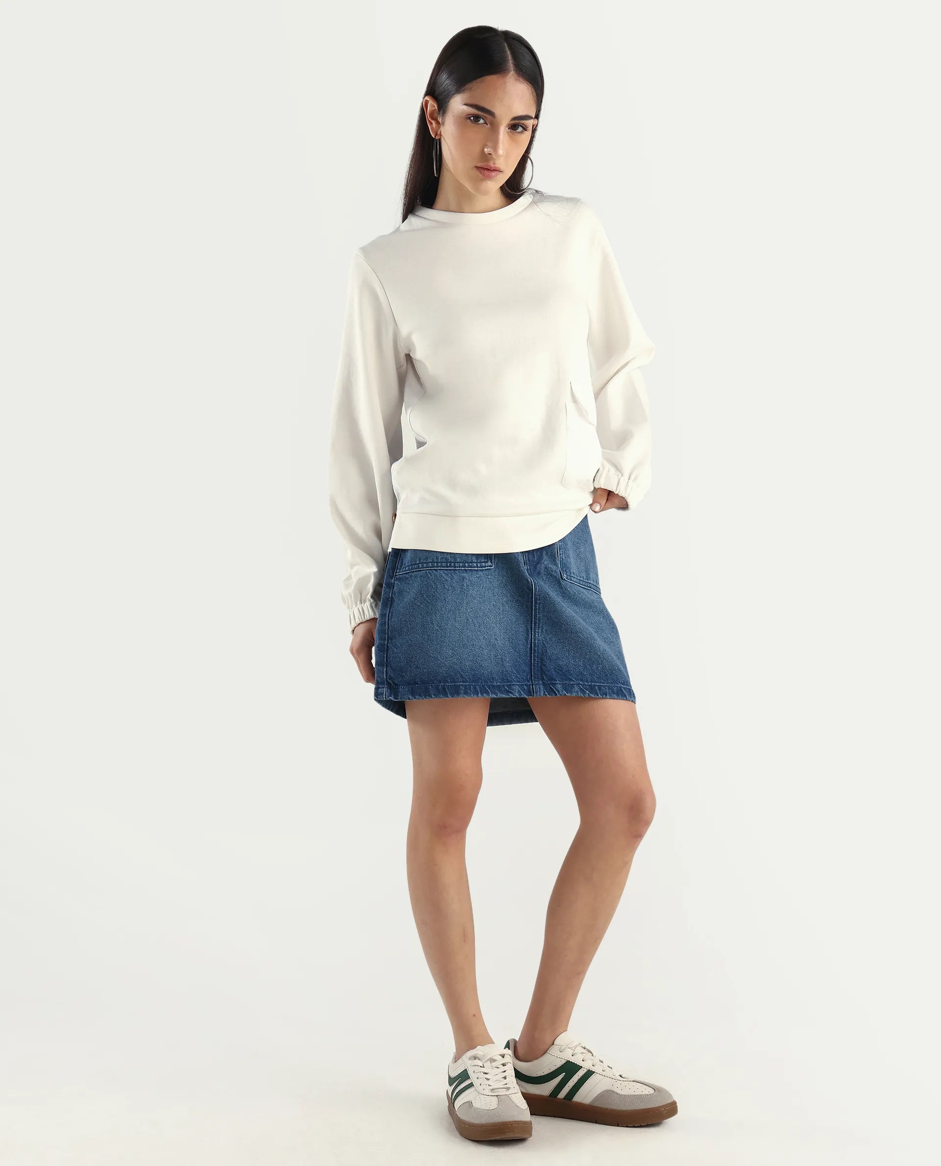 Rareism Women's Misky Blue Cotton Plain Mini Straight Fit Skirt