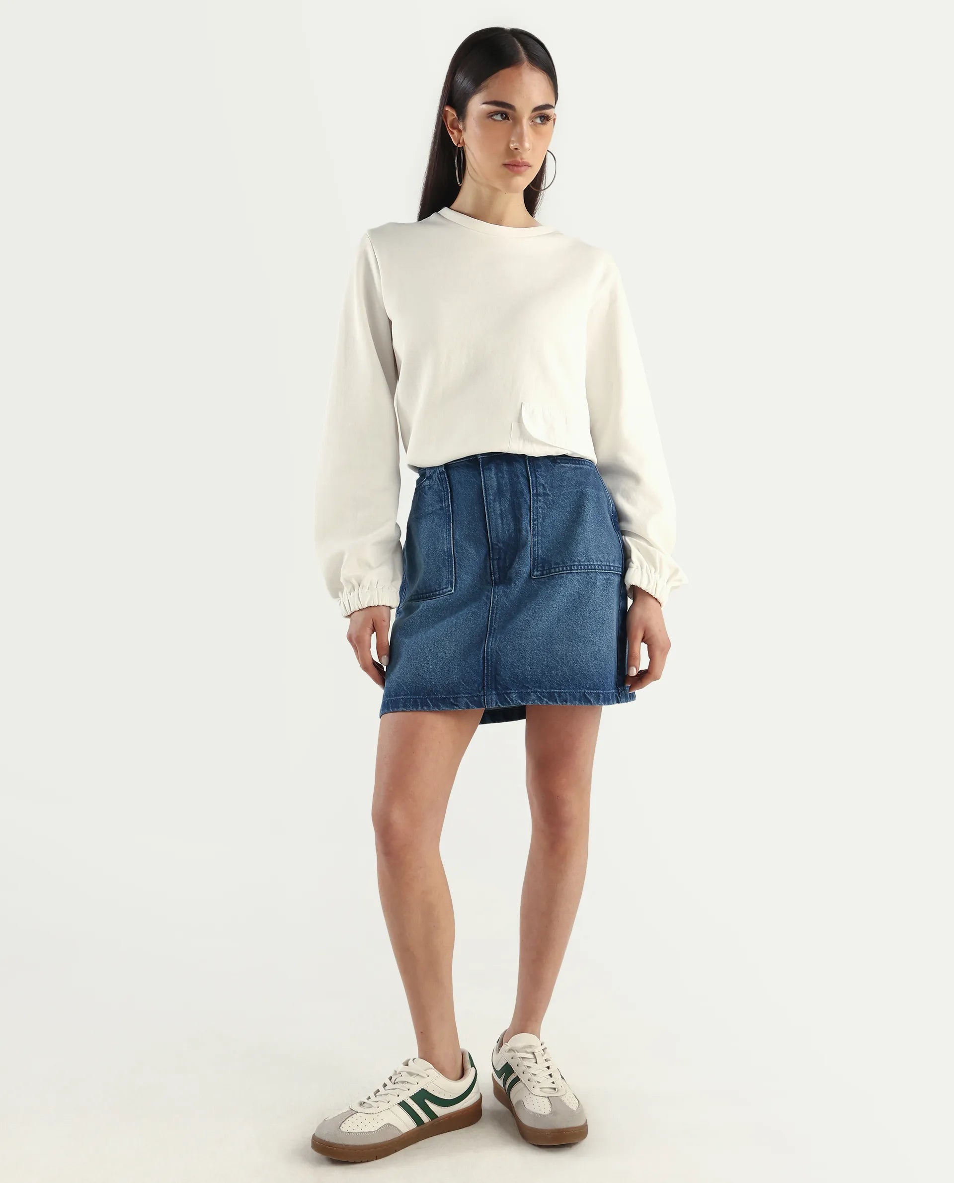Rareism Women's Misky Blue Cotton Plain Mini Straight Fit Skirt