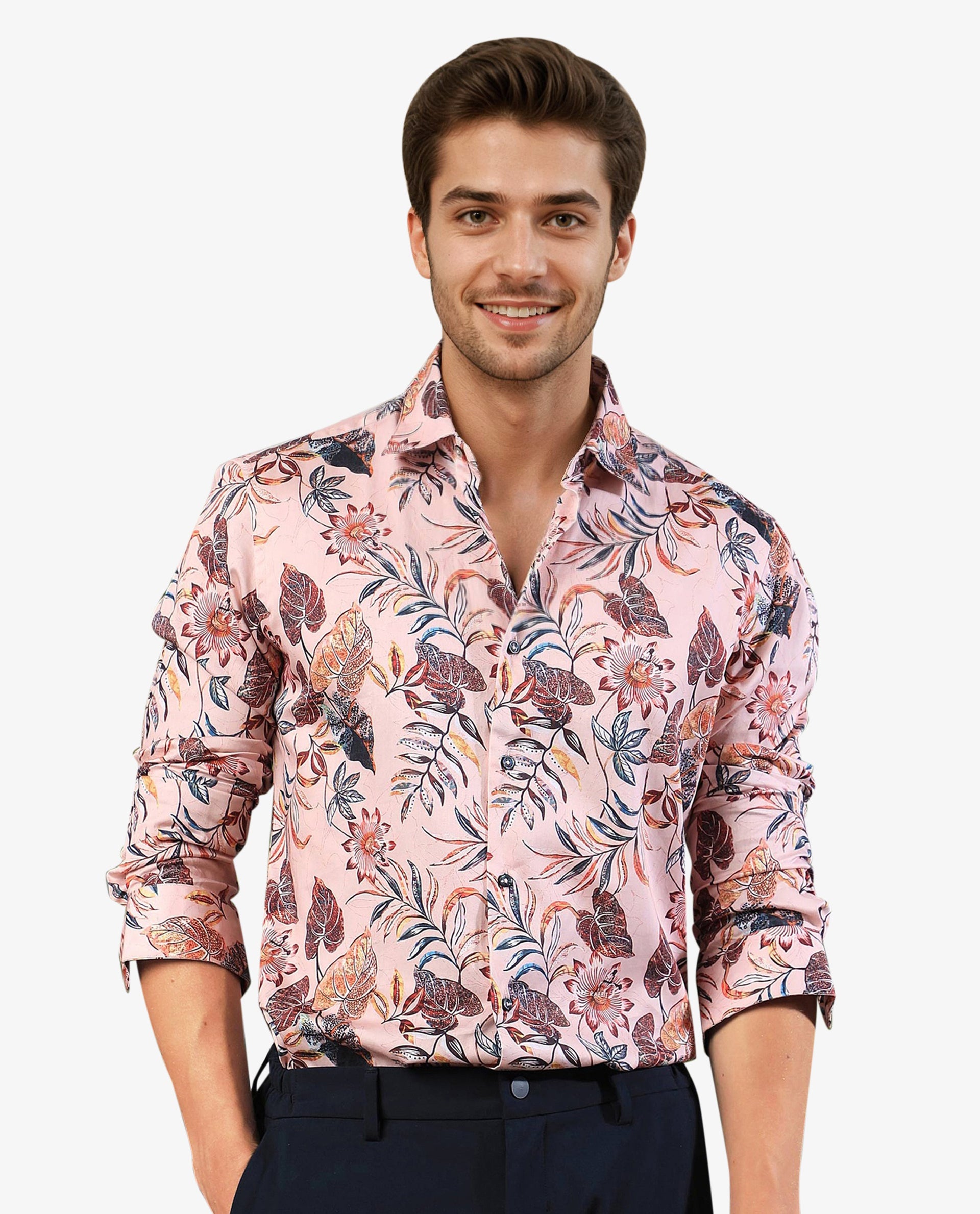 Rare Rabbit Men's Misons Pink Cotton Fabric Floral Print Full Sleeves Shirt