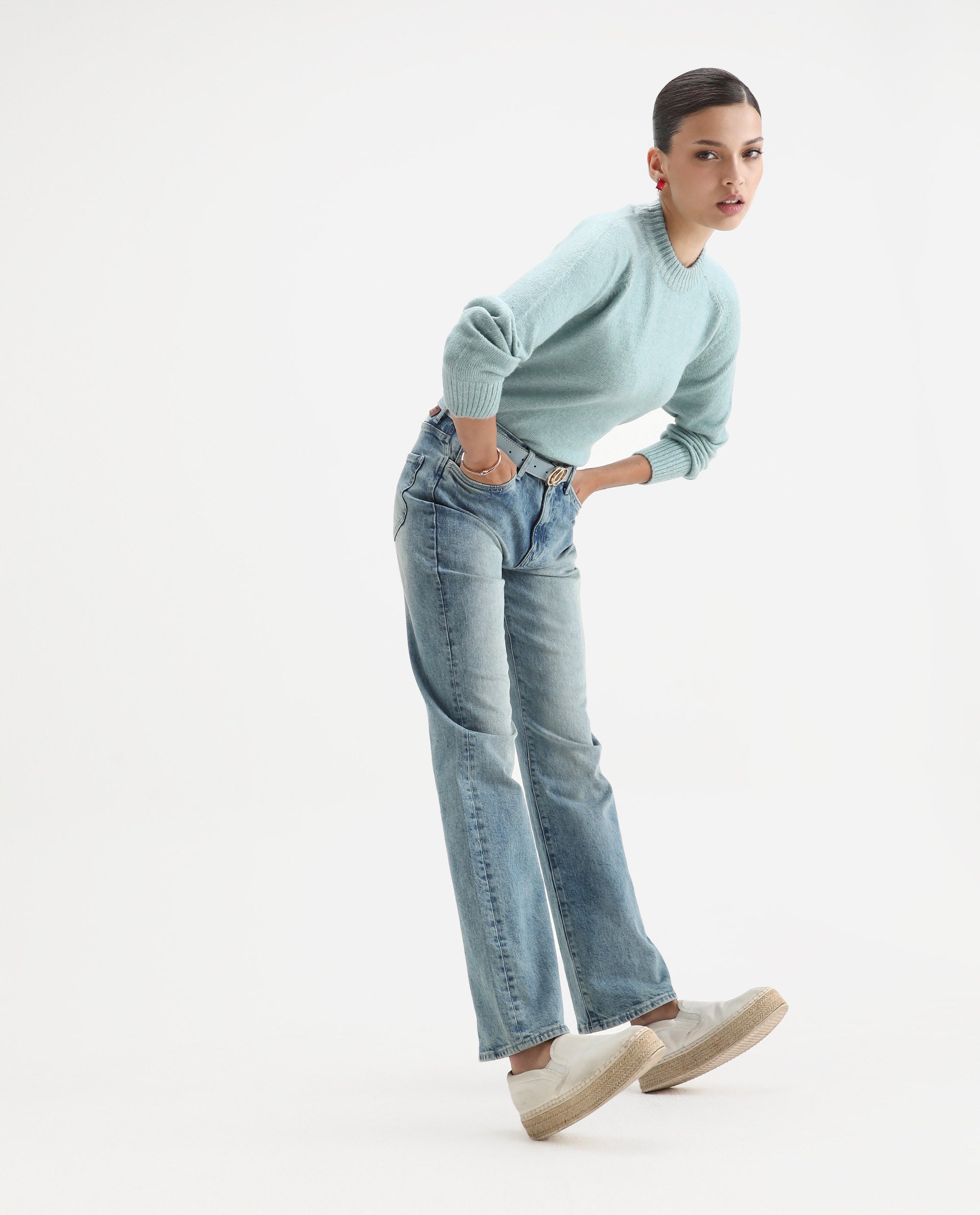 Rareism Women's Mitsu Light Blue Acrylic Blend Crew Neck Relaxed Fit Sweater