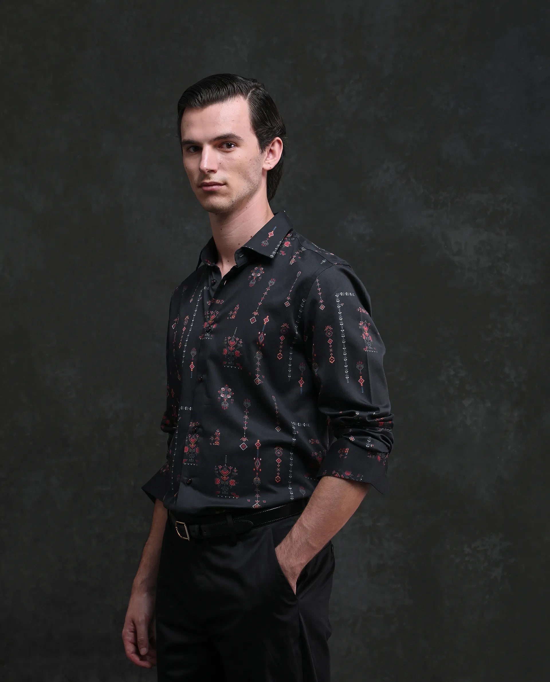 Rare Rabbit Men's Mivor Black Cotton Blend Fabric Full Sleeves Collared Neck Button Closure Art Decor Print Shirt
