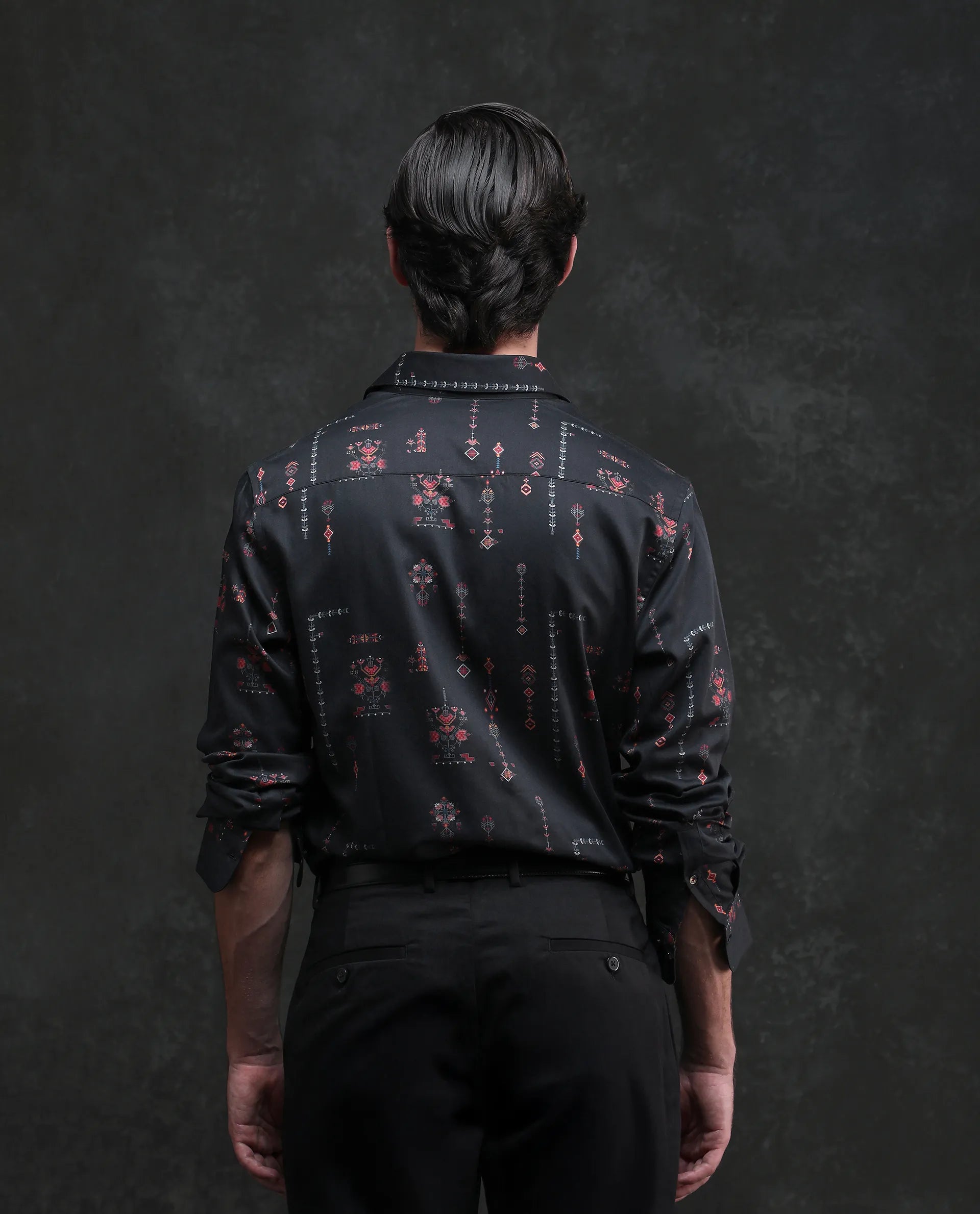 Rare Rabbit Men's Mivor Black Cotton Blend Fabric Full Sleeves Collared Neck Button Closure Art Decor Print Shirt