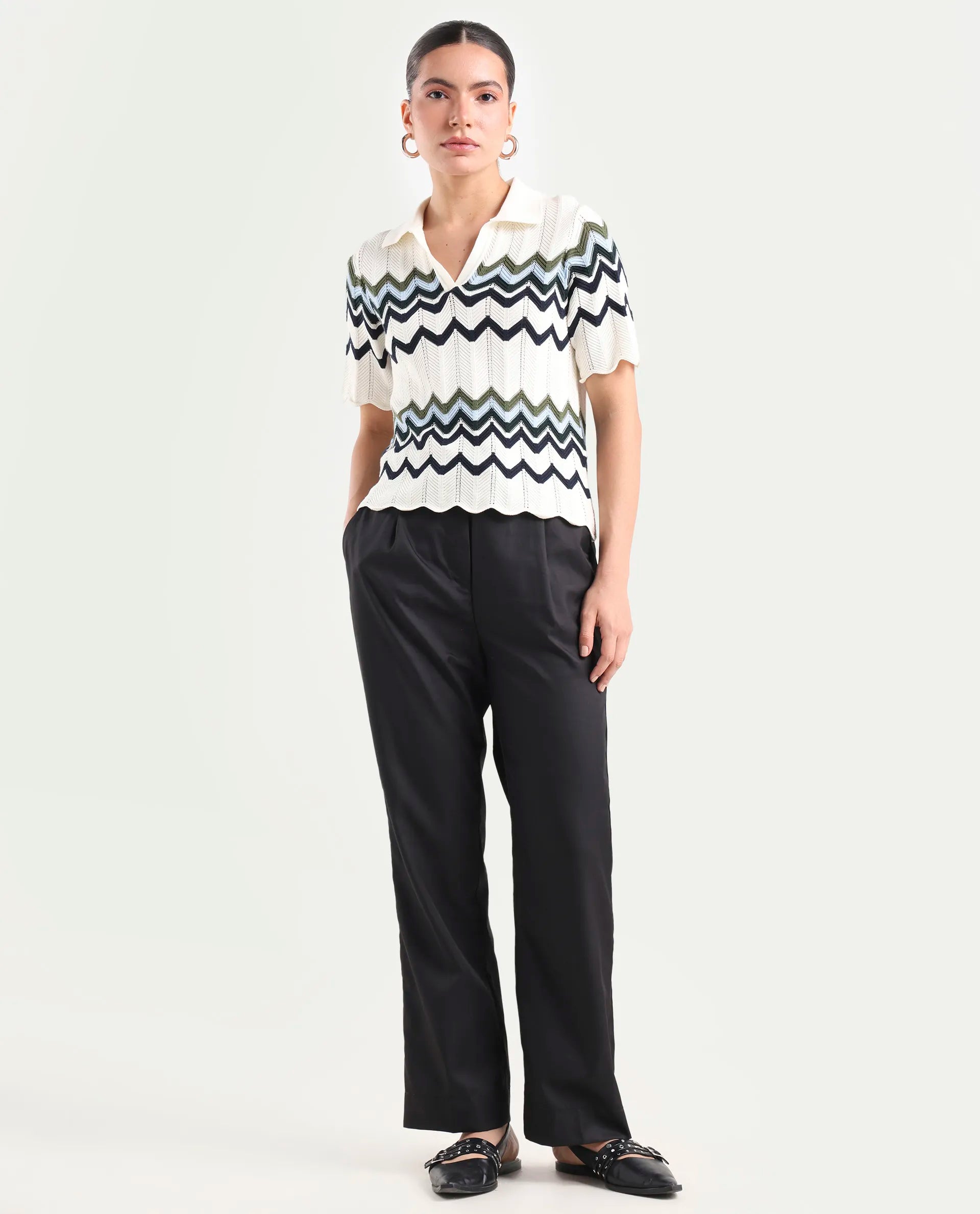 Rareism Women's Miza Black Cotton Plain Ankle Length Straight Fit Trouser