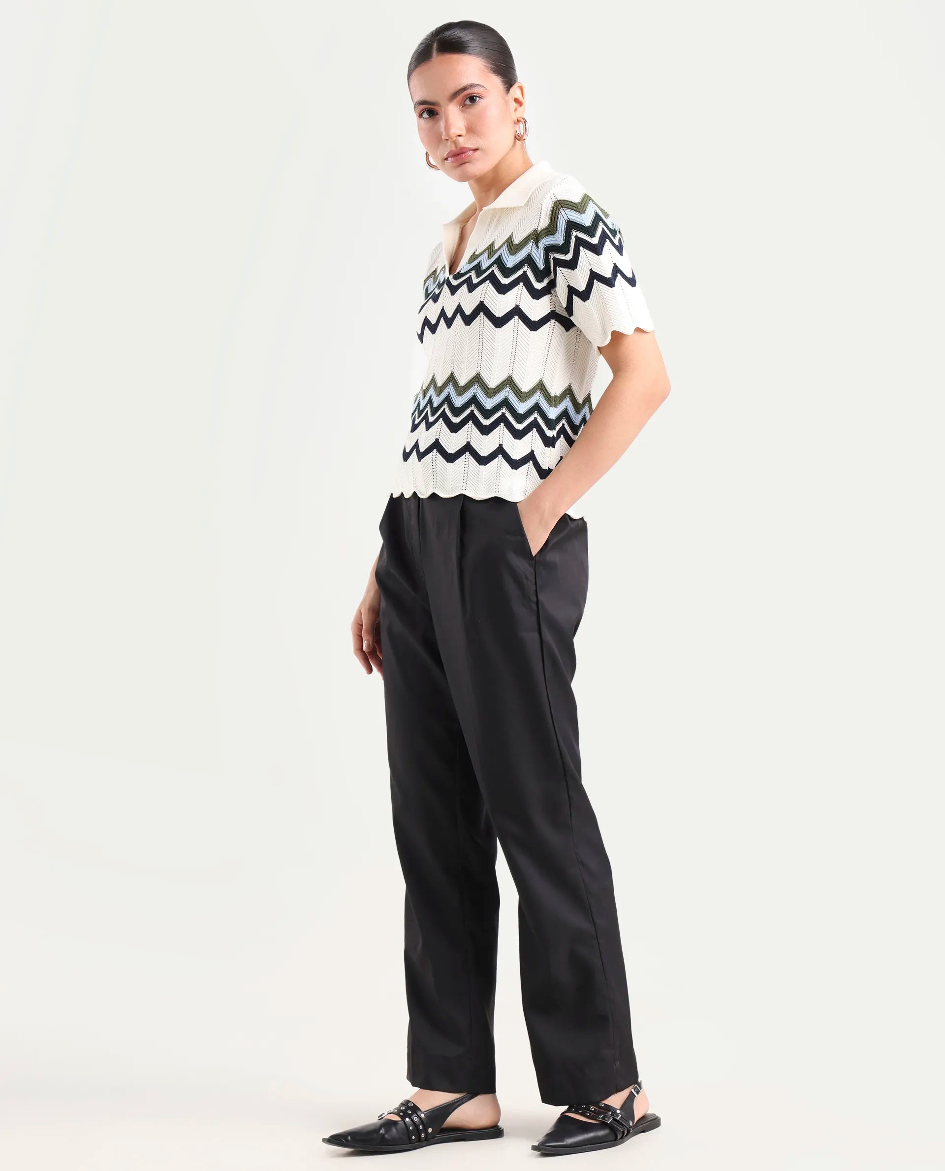 Rareism Women's Miza Black Cotton Plain Ankle Length Straight Fit Trouser