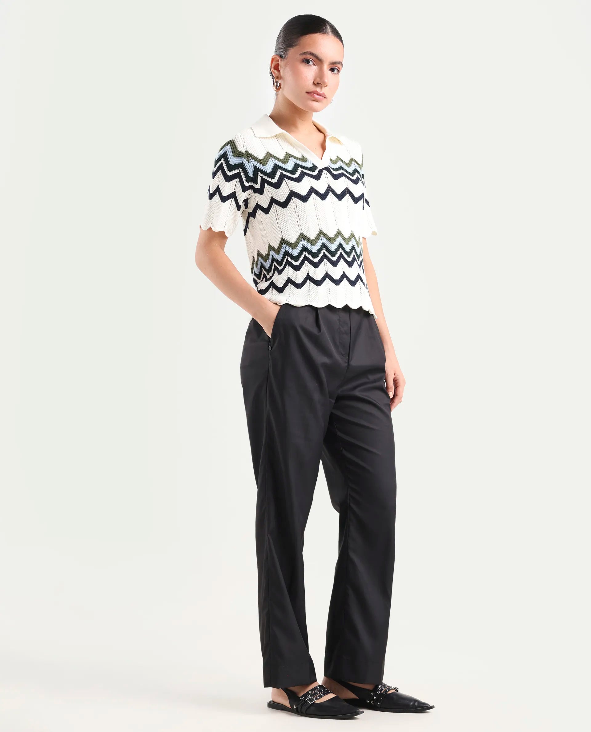 Rareism Women's Miza Black Cotton Plain Ankle Length Straight Fit Trouser