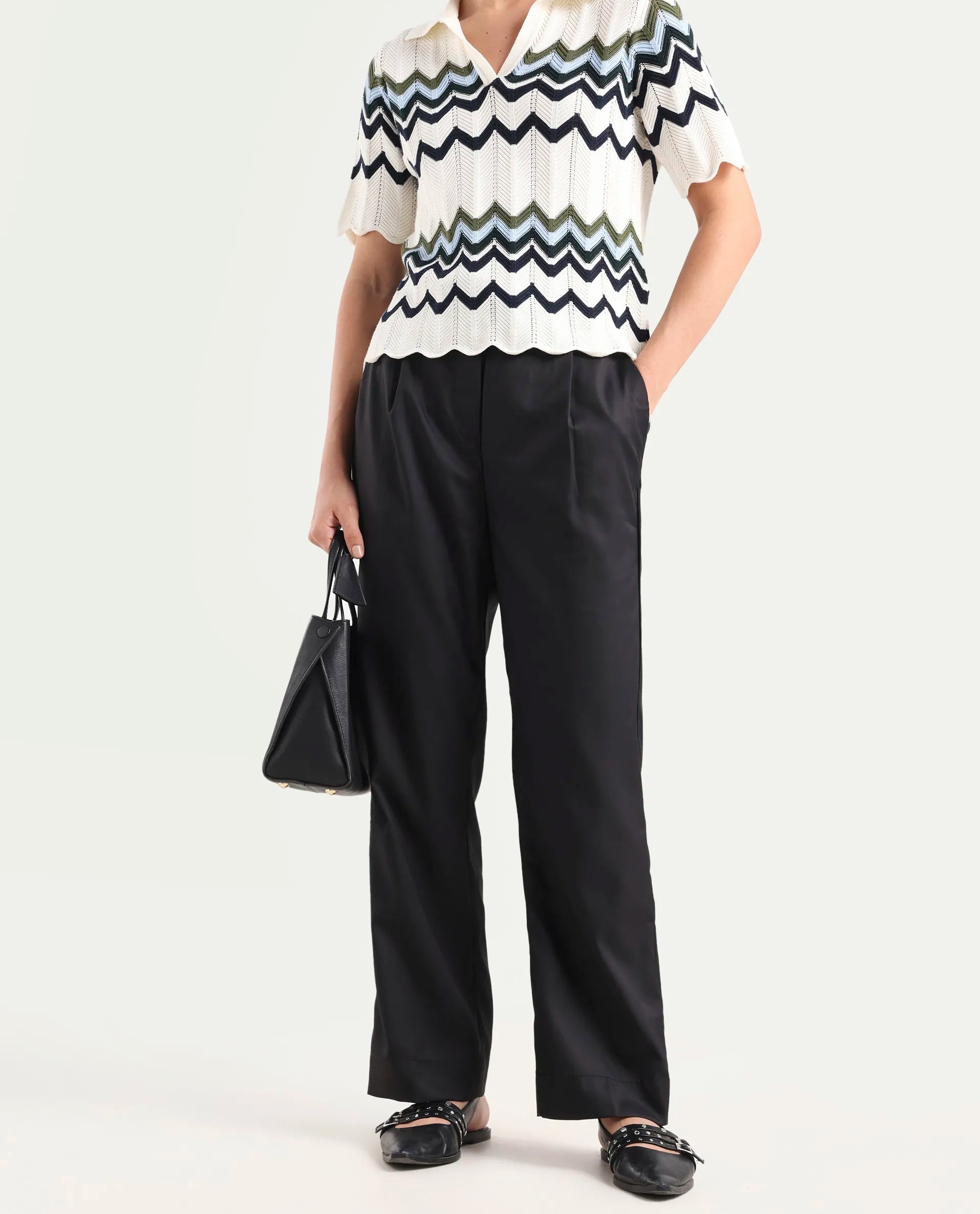 Rareism Women's Miza Black Cotton Plain Ankle Length Straight Fit Trouser