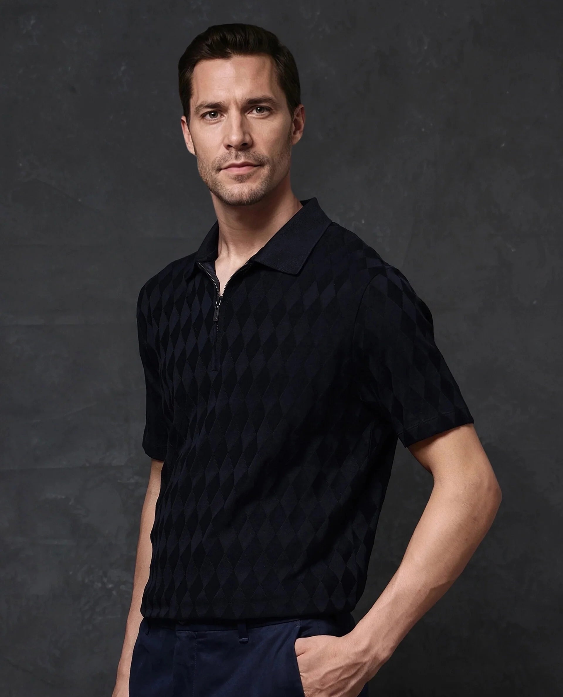 Rare Rabbit Men Mon Navy Short Sleeve Regular Collar Zipper Closure Jacquard Polo