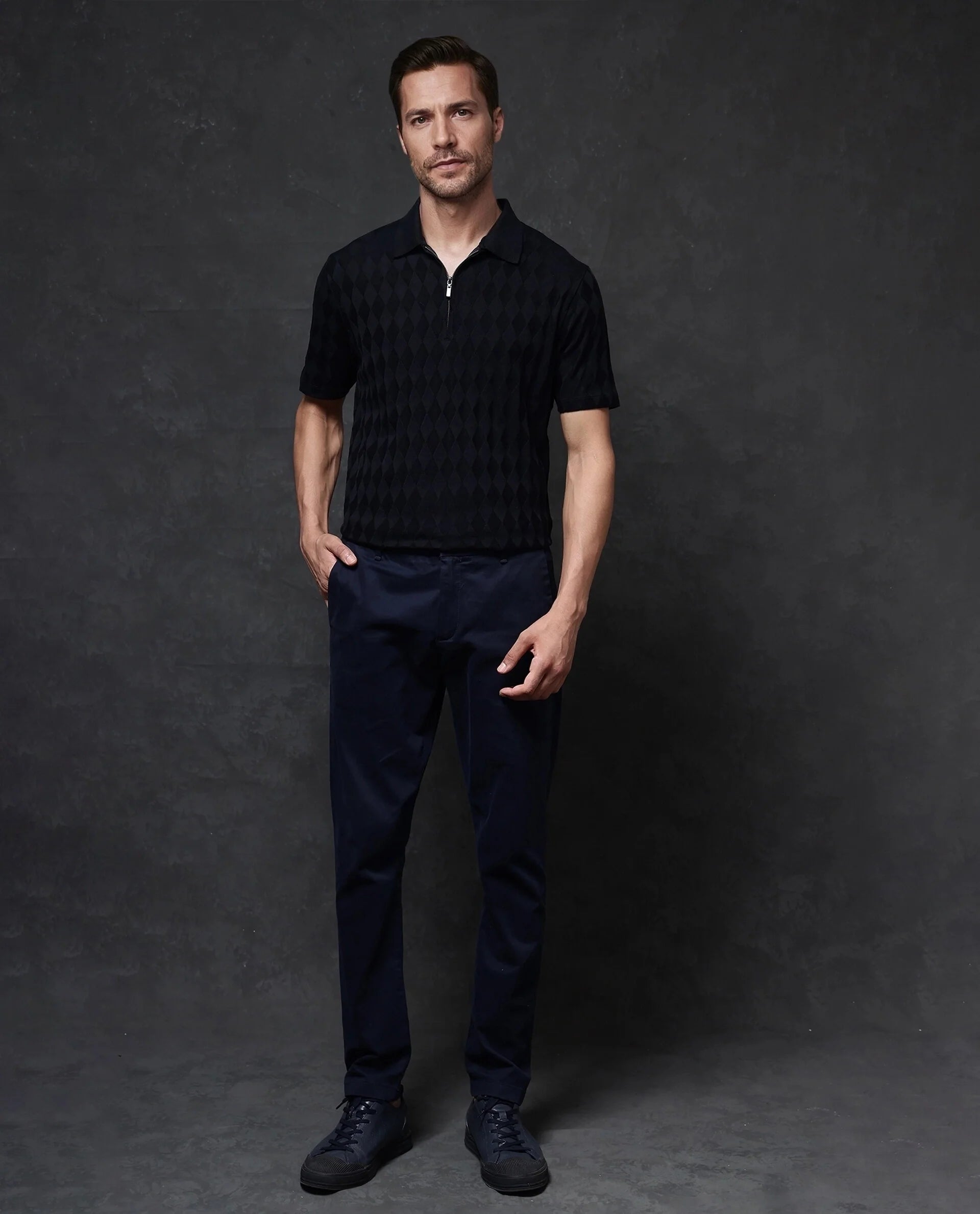 Rare Rabbit Men Mon Navy Short Sleeve Regular Collar Zipper Closure Jacquard Polo