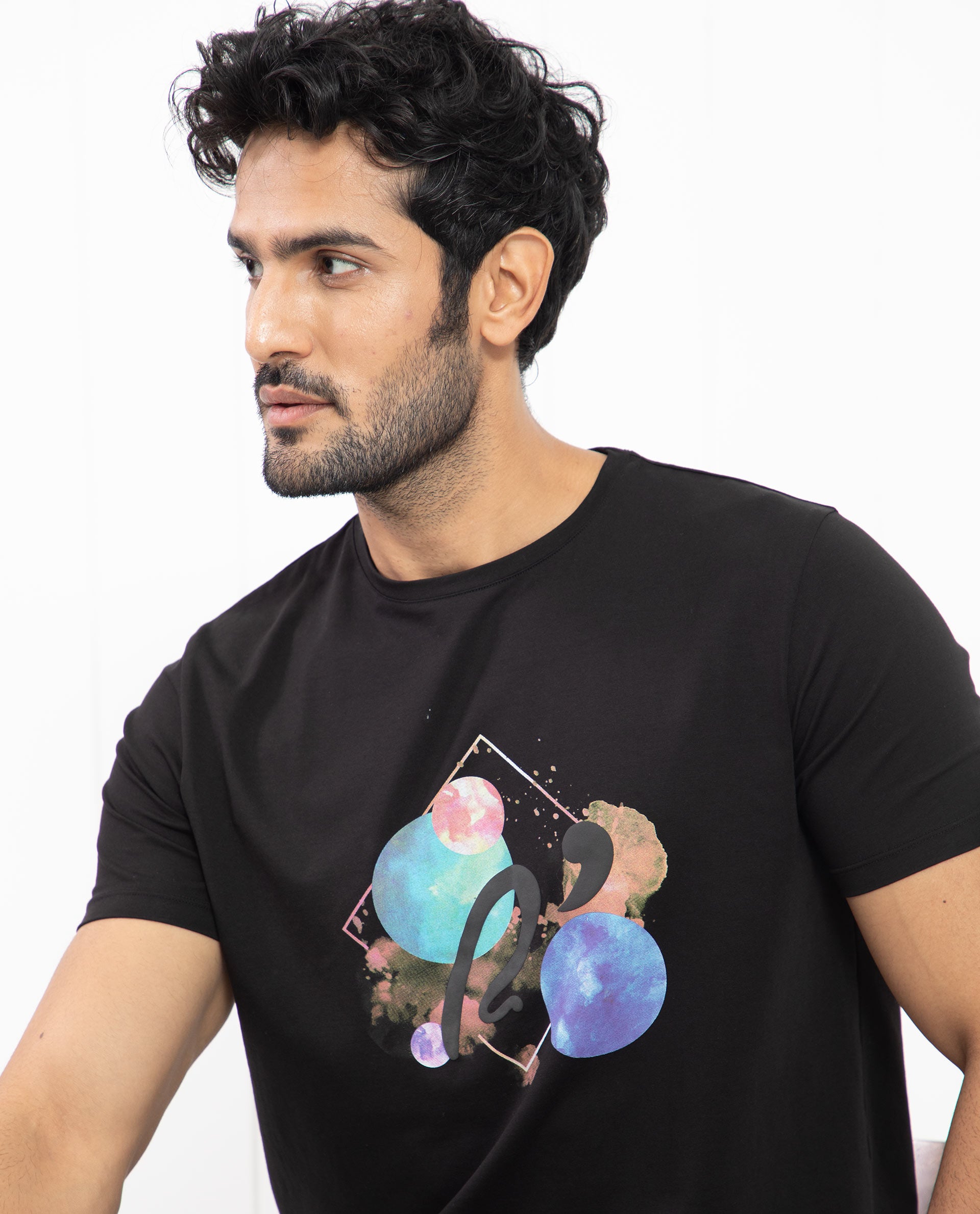 Rare Rabbit Men's Moreno Black Crew Neck Half Sleeves Regular Fit Graphic Print T-Shirt