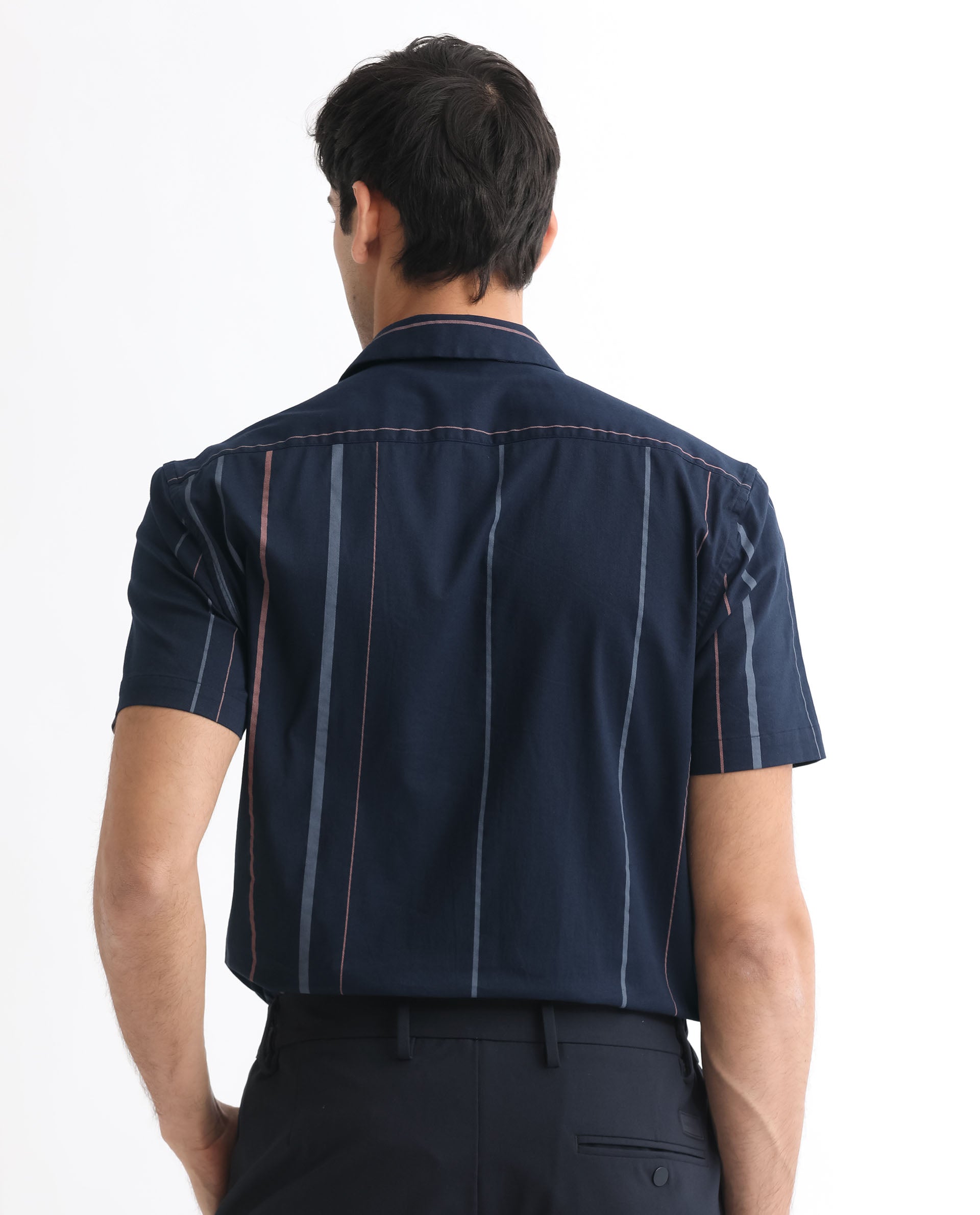 Rare Rabbit Men's Morlac Dark Navy Cotton Fabric Half Sleeves Striped Shirt