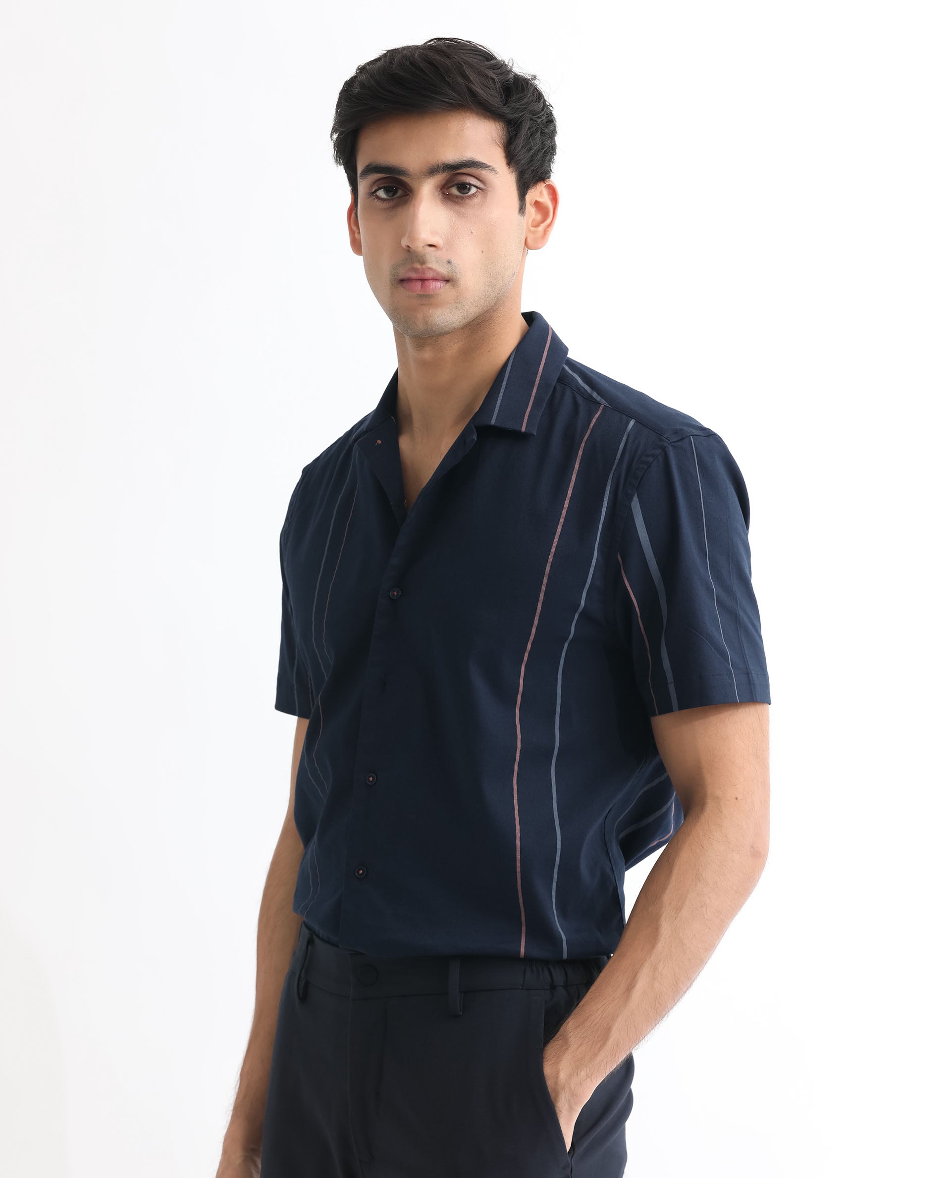 Rare Rabbit Men's Morlac Dark Navy Cotton Fabric Half Sleeves Striped Shirt