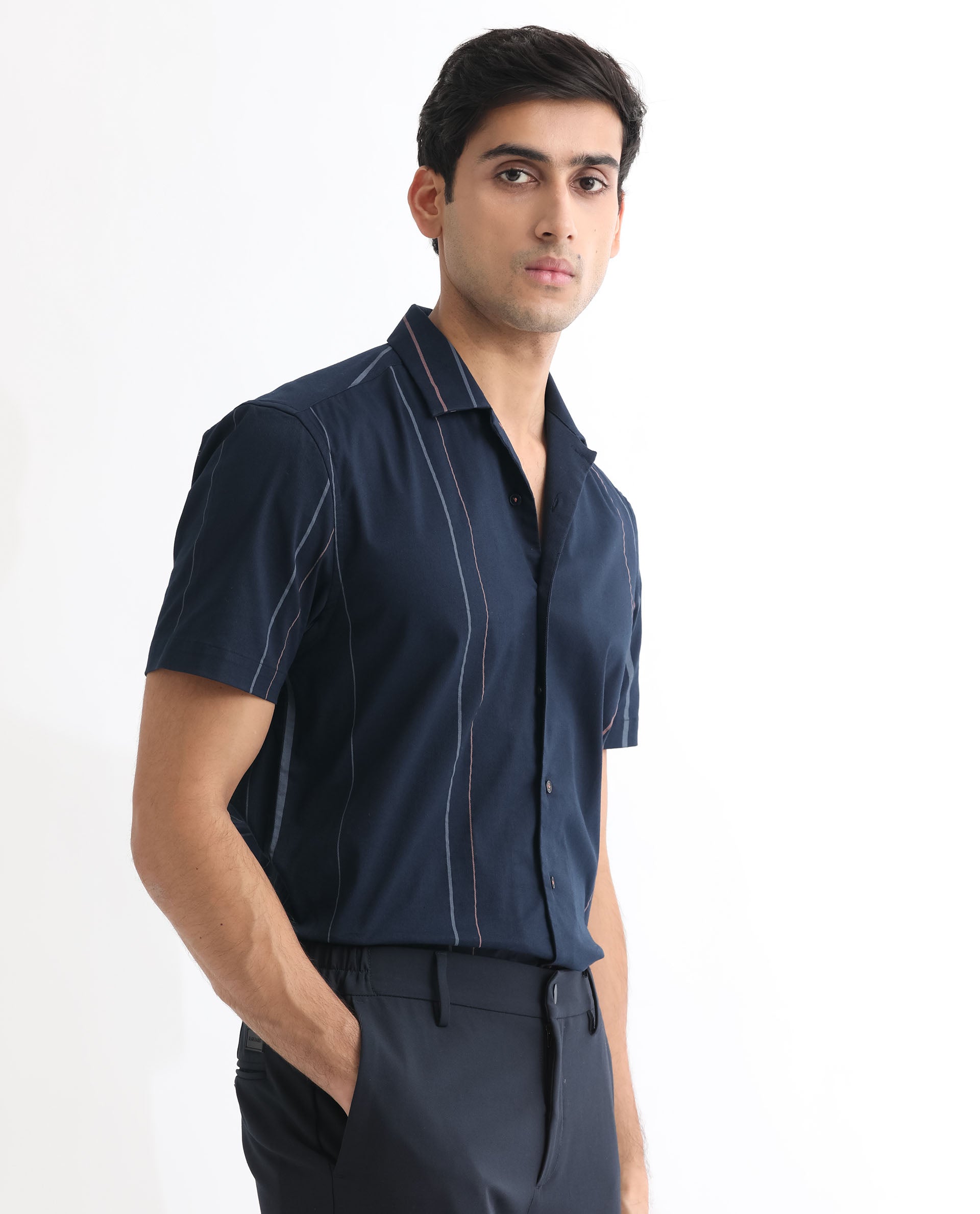 Rare Rabbit Men's Morlac Dark Navy Cotton Fabric Half Sleeves Striped Shirt