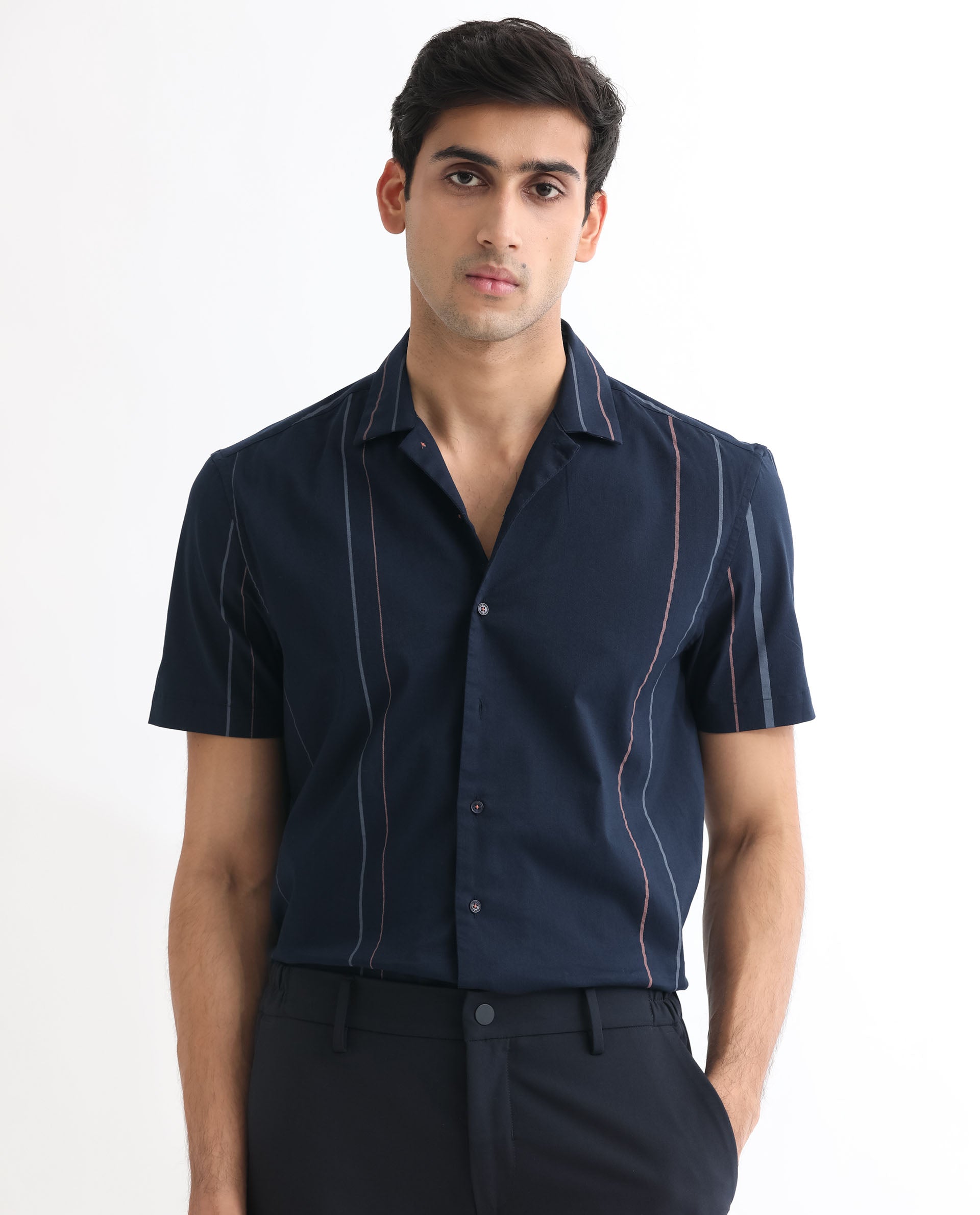 Rare Rabbit Men's Morlac Dark Navy Cotton Fabric Half Sleeves Striped Shirt