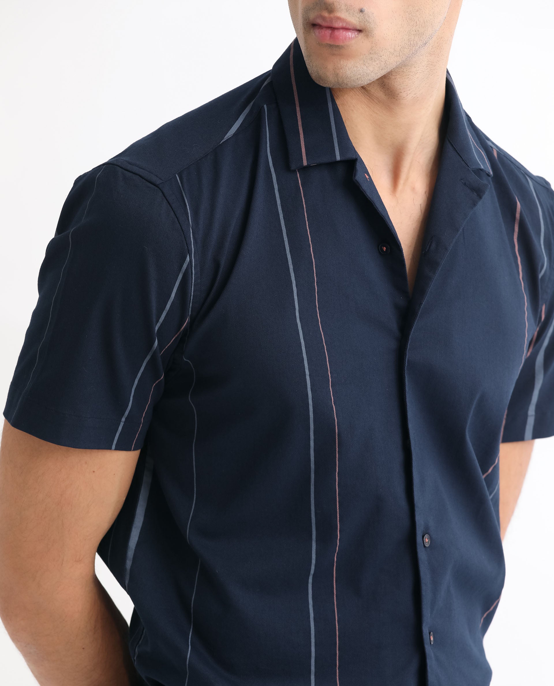 Rare Rabbit Men's Morlac Dark Navy Cotton Fabric Half Sleeves Striped Shirt