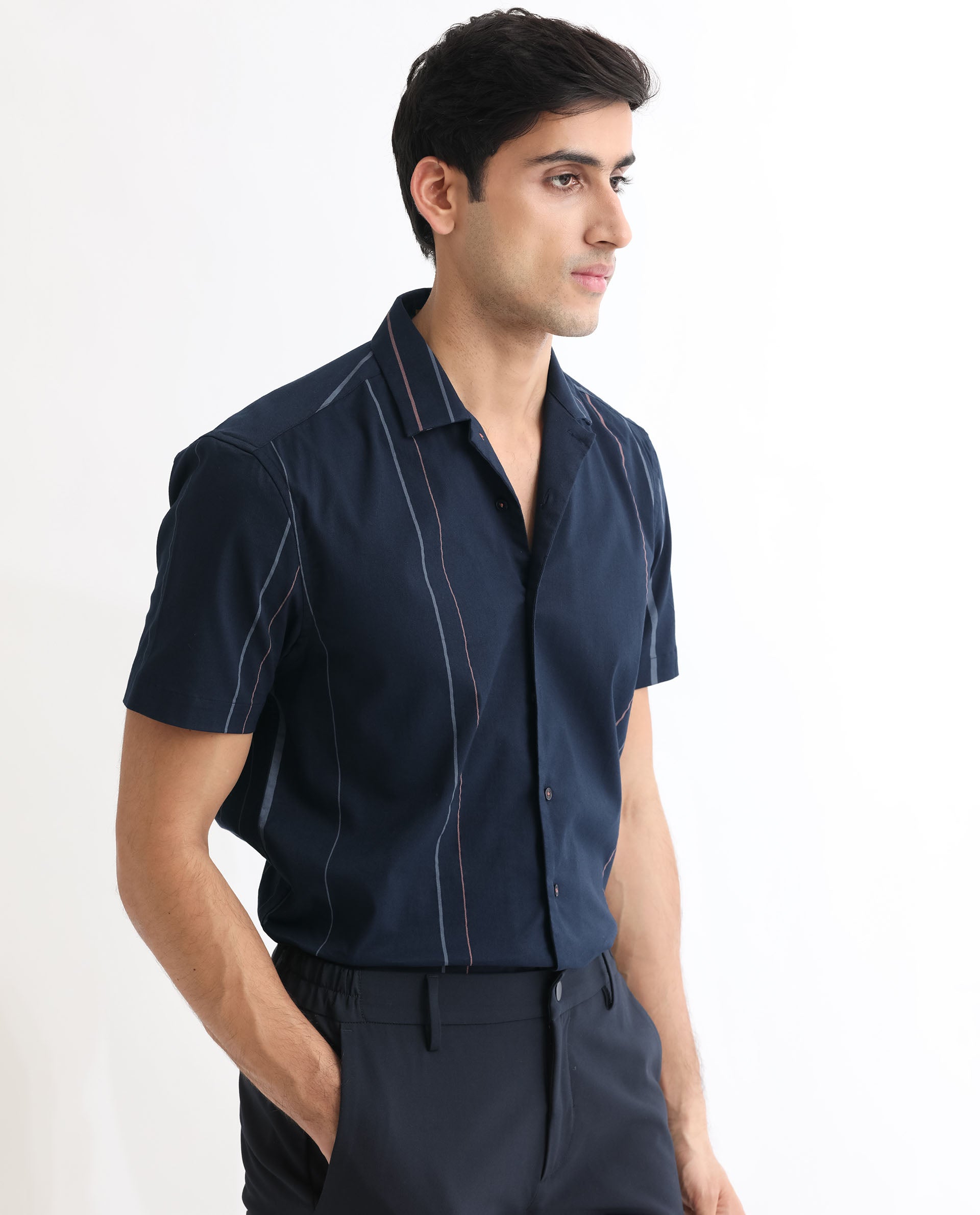 Rare Rabbit Men's Morlac Dark Navy Cotton Fabric Half Sleeves Striped Shirt