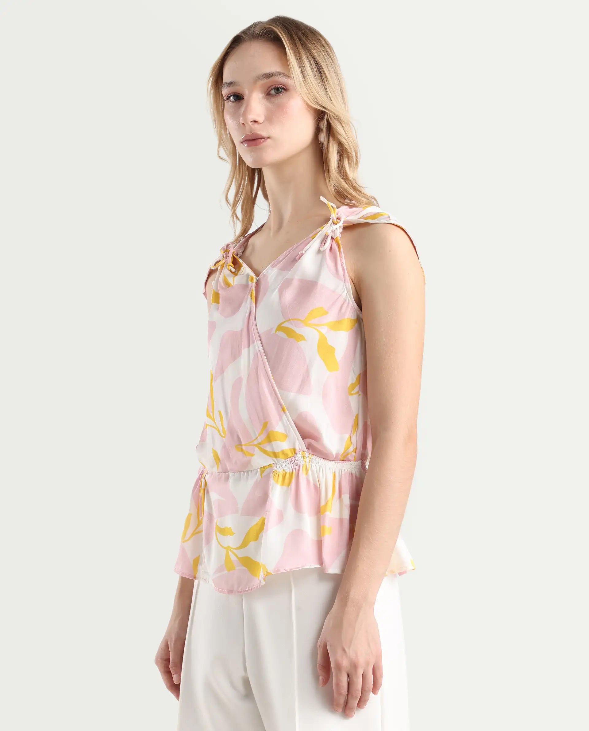 Rareism Women's Morning Pink V-Neck Abstract Print Sleeveless Knee Length Regular Fit Top