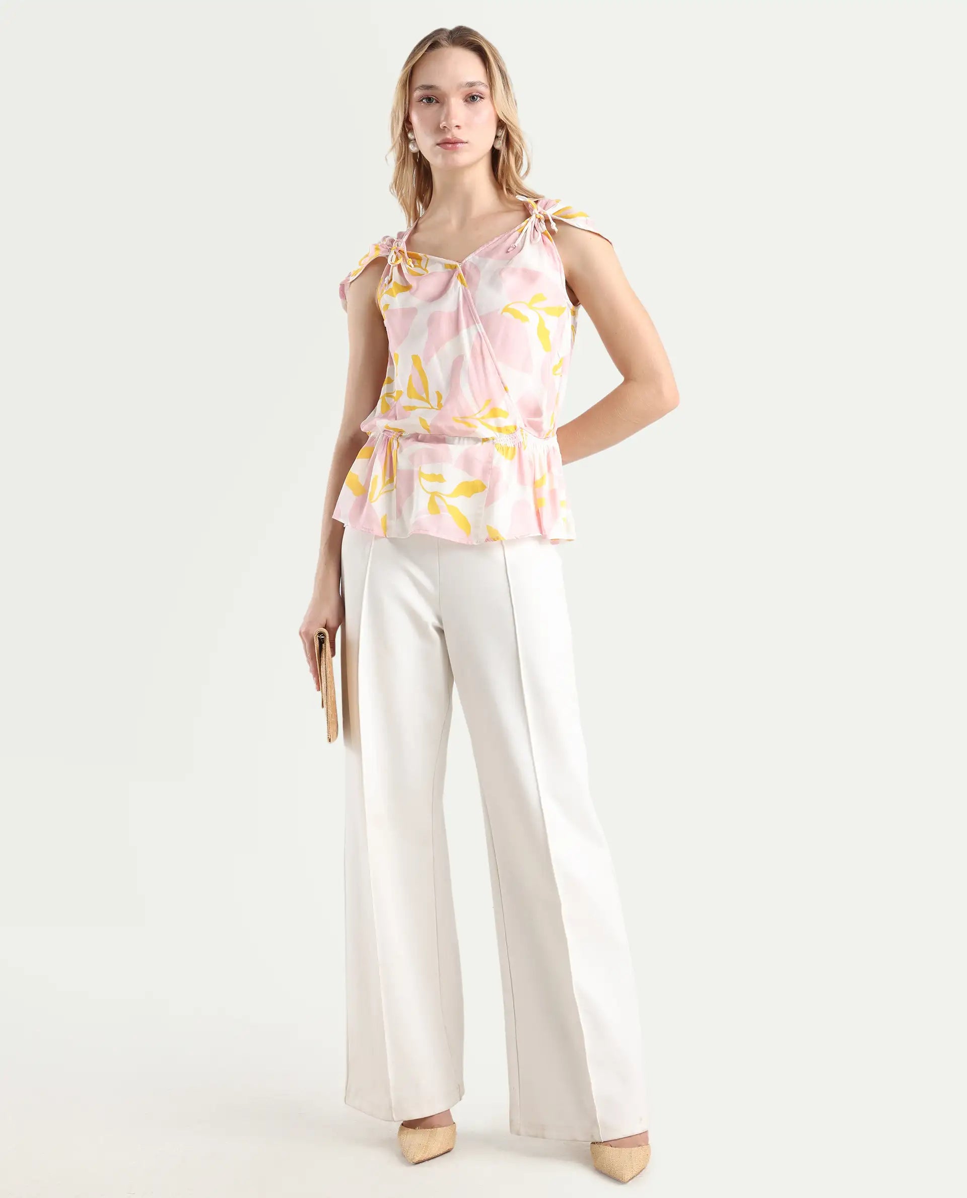 Rareism Women's Morning Pink V-Neck Abstract Print Sleeveless Knee Length Regular Fit Top