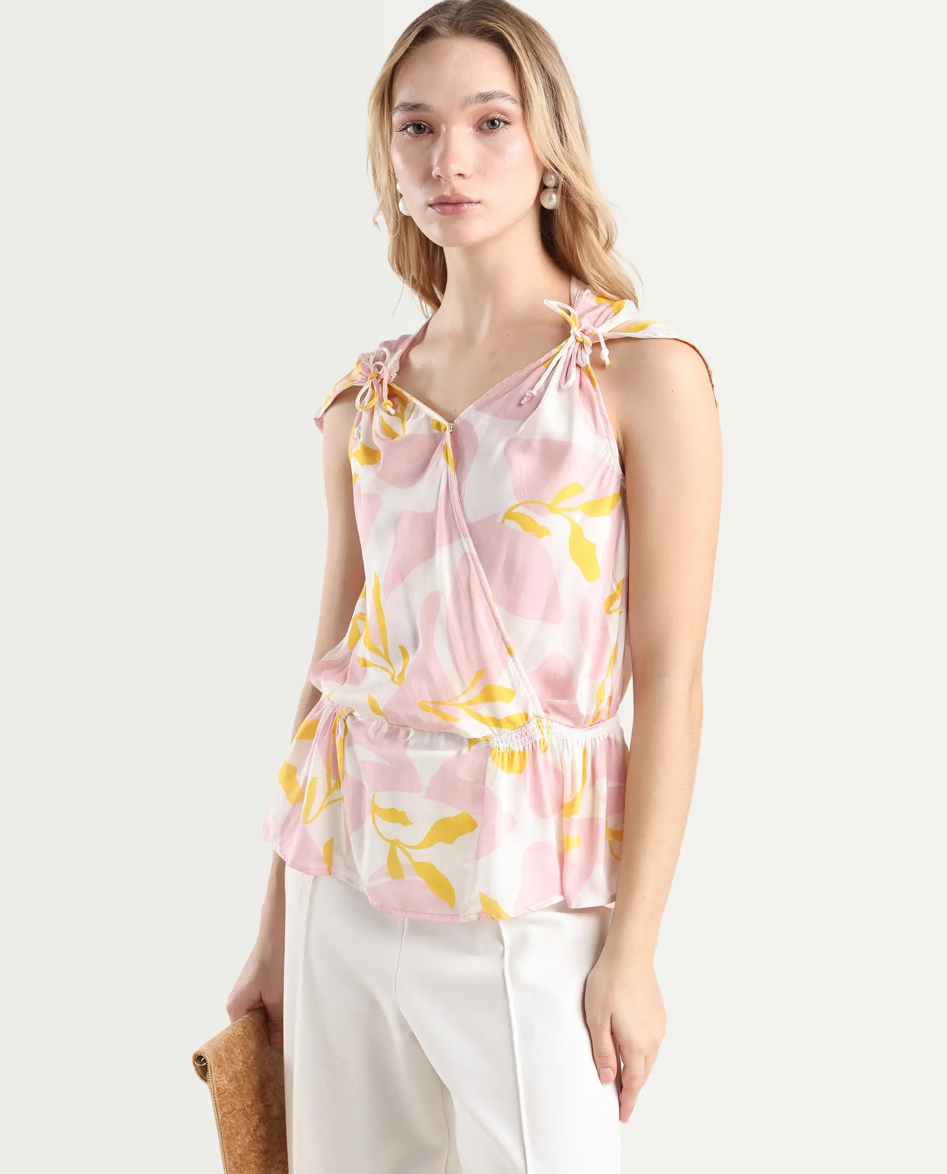 Rareism Women's Morning Pink V-Neck Abstract Print Sleeveless Knee Length Regular Fit Top