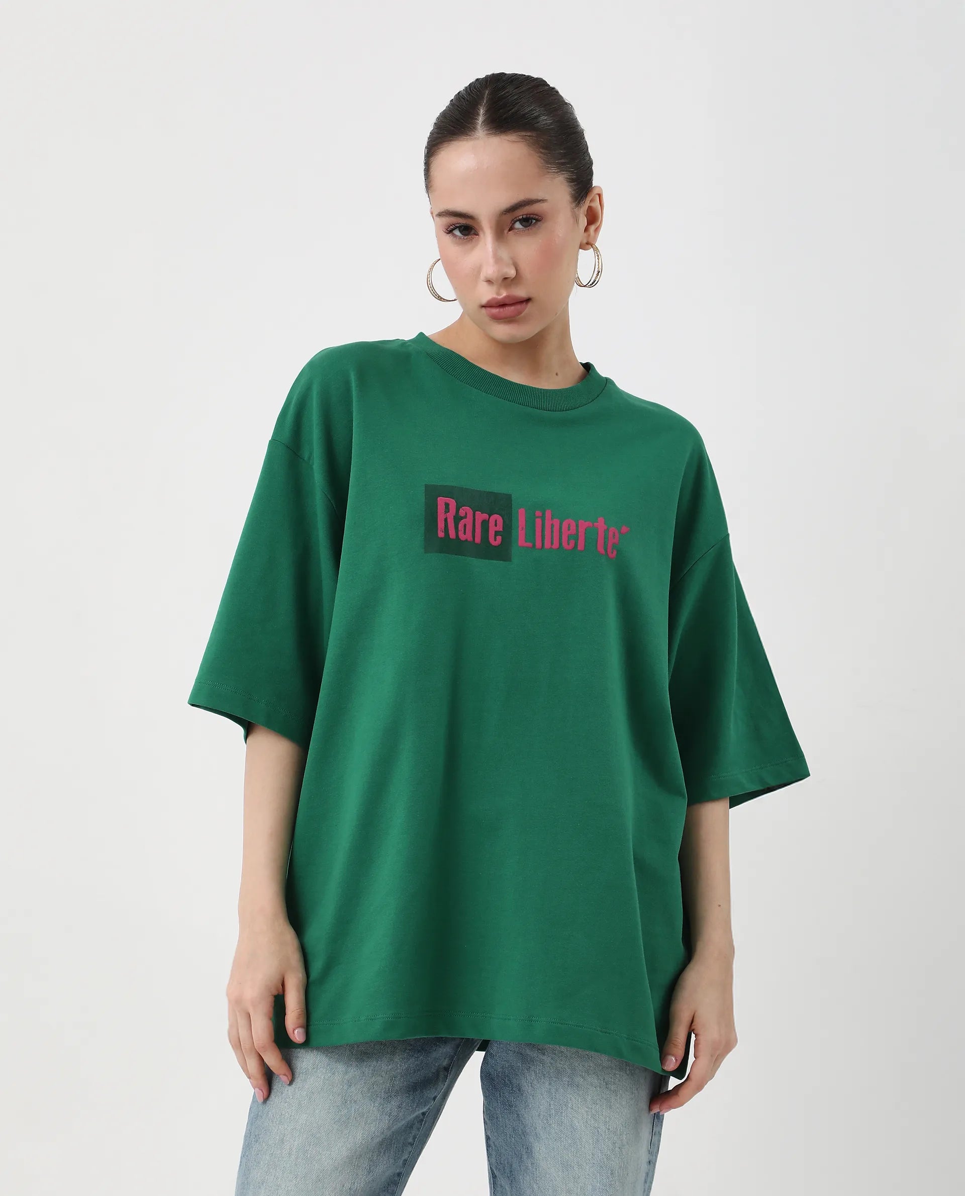 Rareism Women's Morsh Green Cotton Graphic Print Oversized T-Shirt