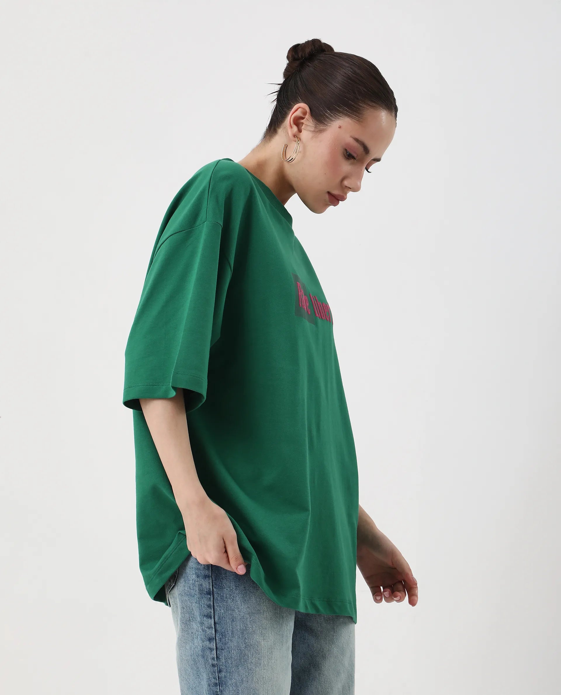 Rareism Women's Morsh Green Cotton Graphic Print Oversized T-Shirt