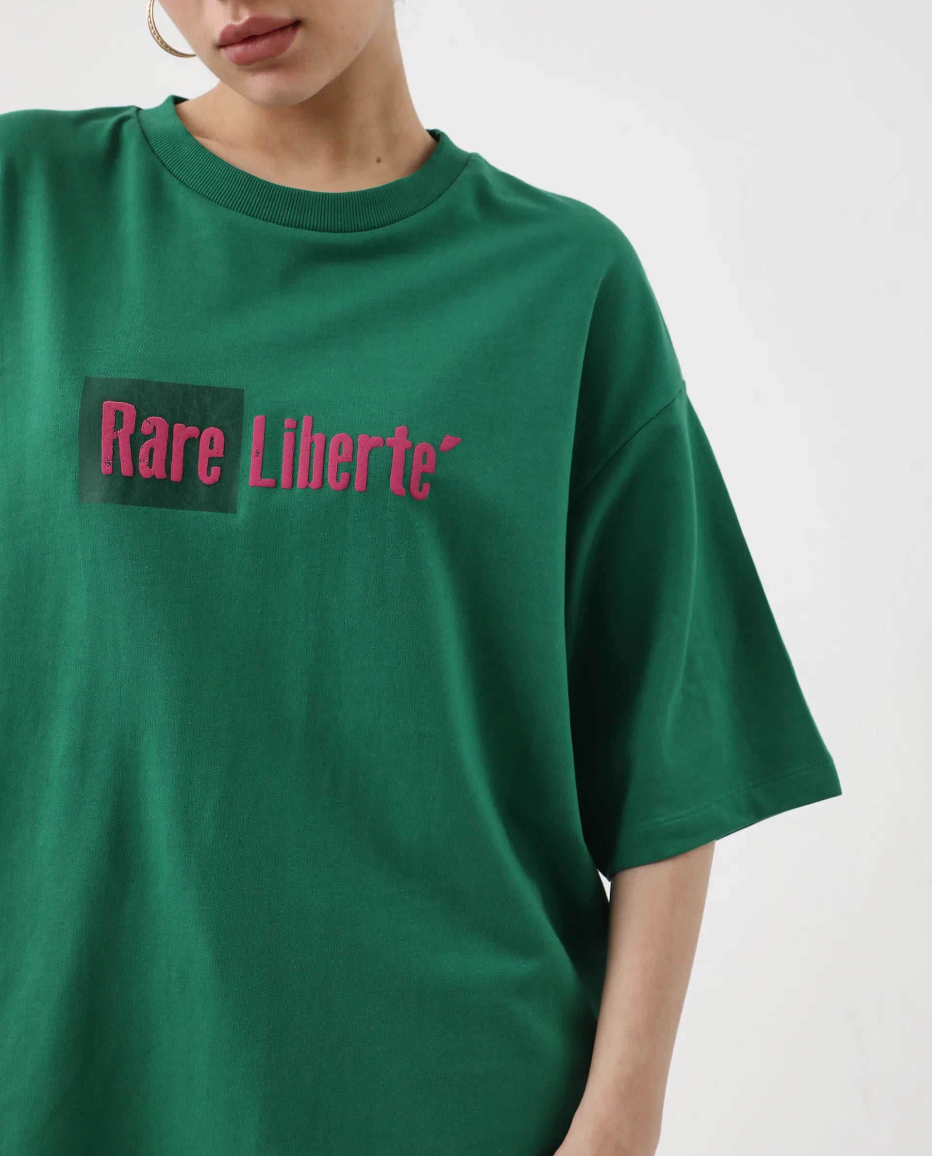 Rareism Women's Morsh Green Cotton Graphic Print Oversized T-Shirt