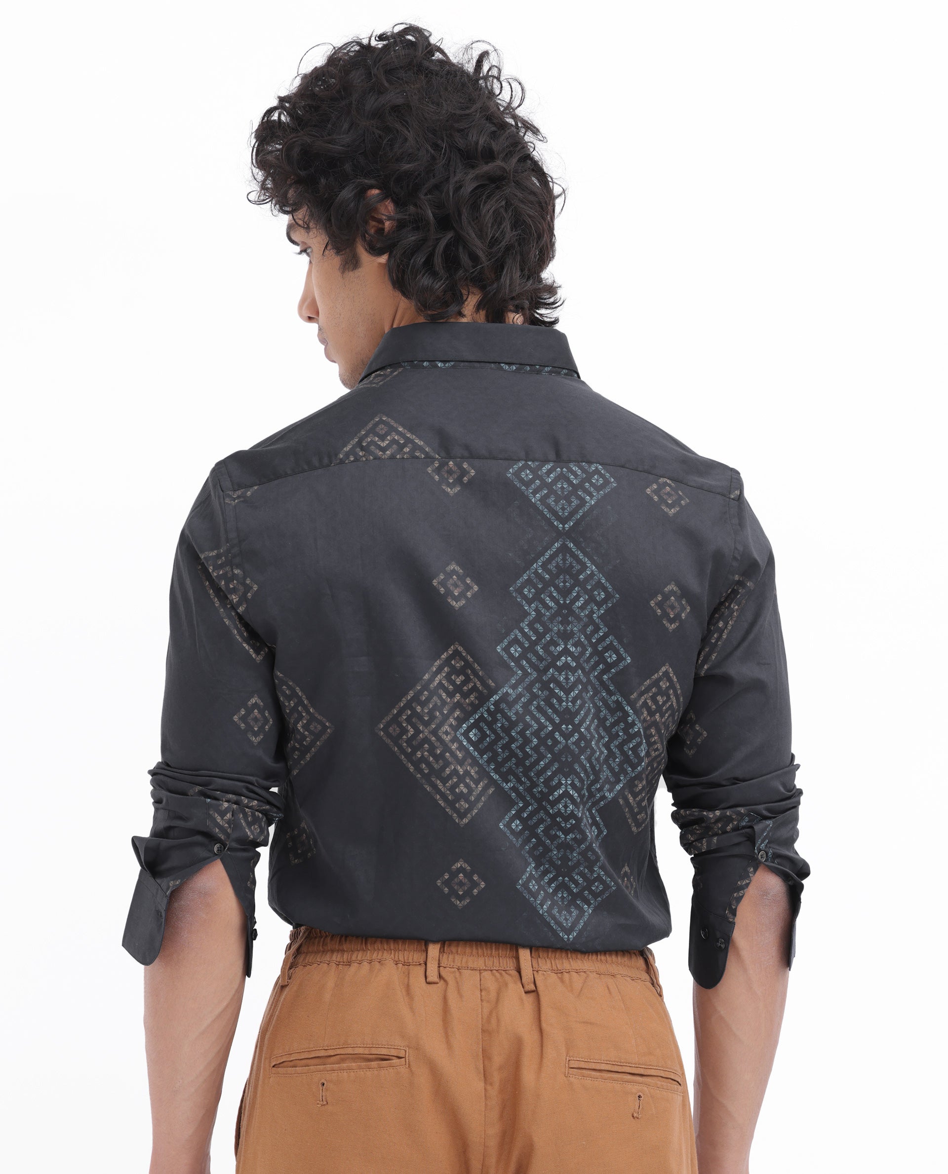 Rare Rabbit Men's Mosac Black Cotton Fabric Full Sleeves Geometric Print Shirt