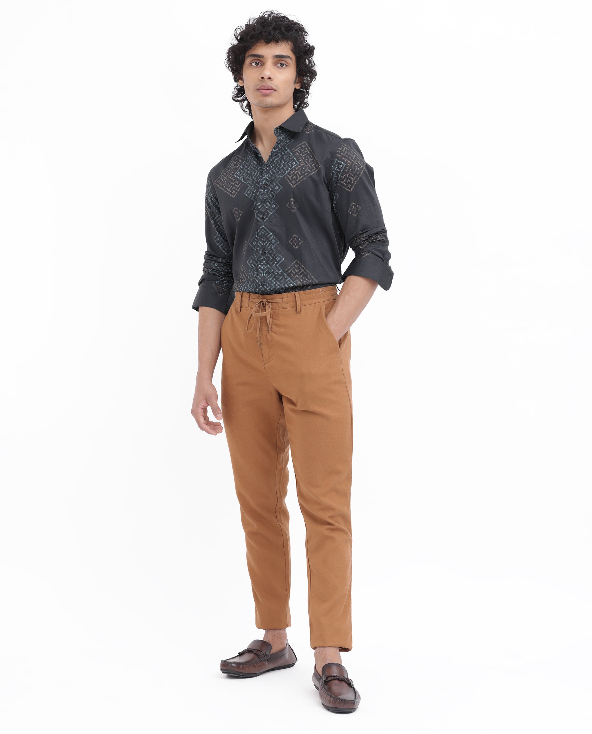 Rare Rabbit Men's Mosac Black Cotton Fabric Full Sleeves Geometric Print Shirt