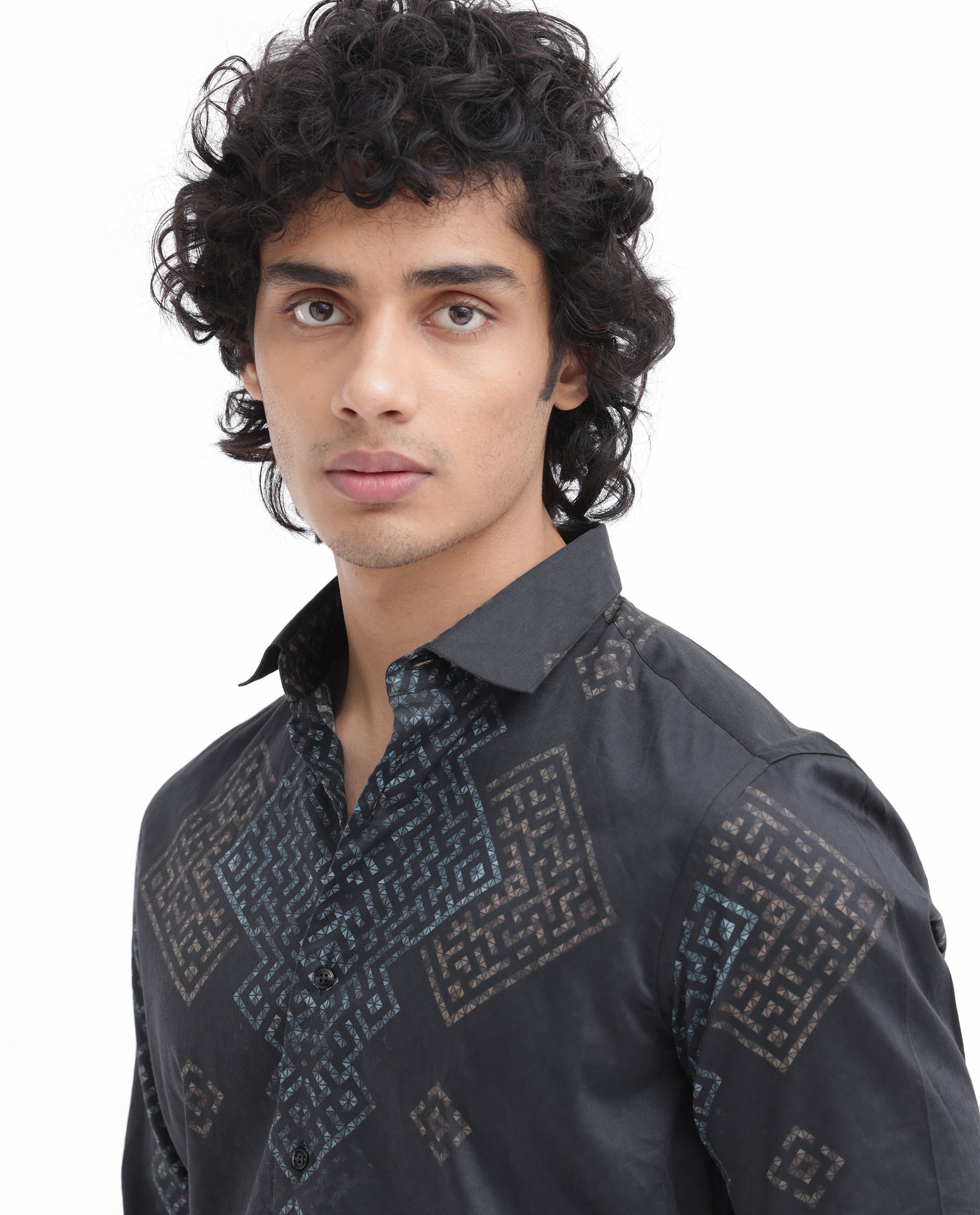 Rare Rabbit Men's Mosac Black Cotton Fabric Full Sleeves Geometric Print Shirt