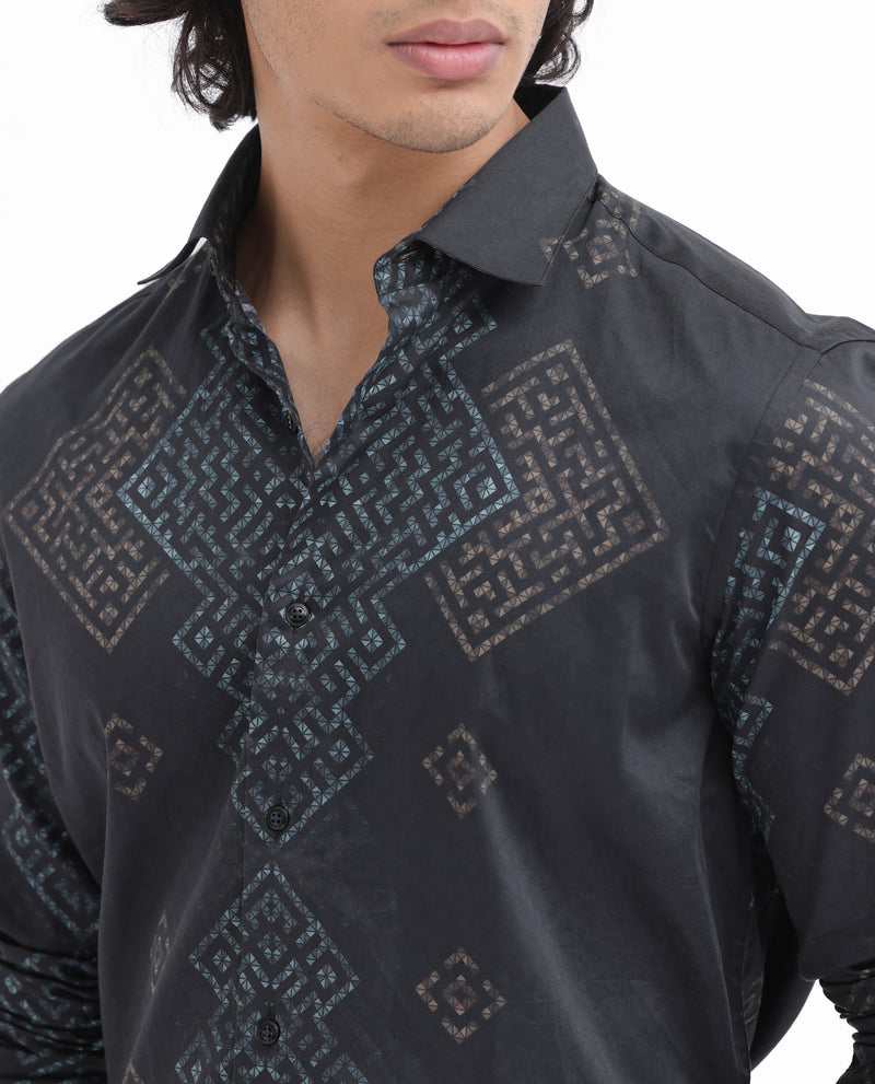 Rare Rabbit Men's Mosac Black Cotton Fabric Full Sleeves Geometric Print Shirt