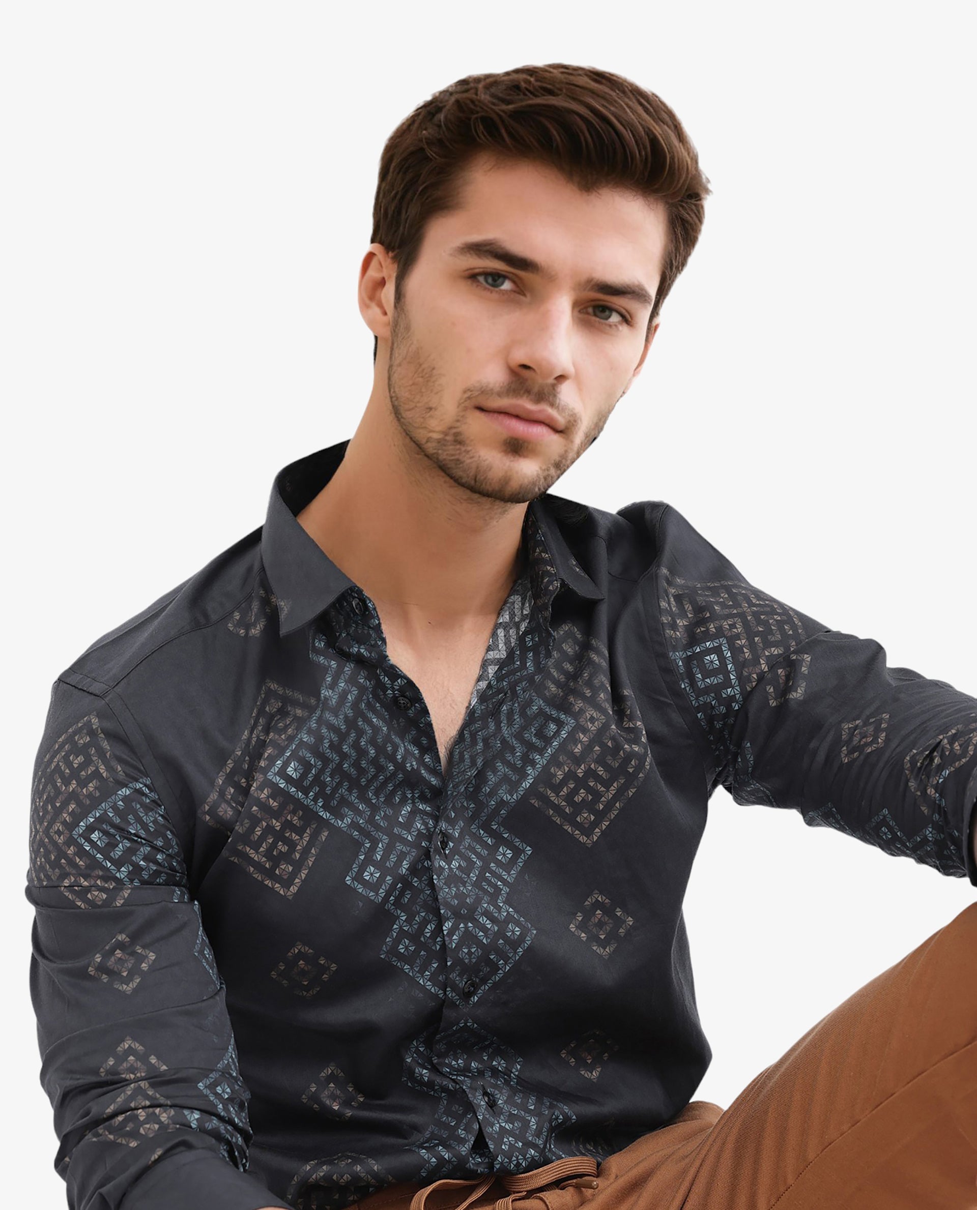 Rare Rabbit Men's Mosac Black Cotton Fabric Full Sleeves Geometric Print Shirt