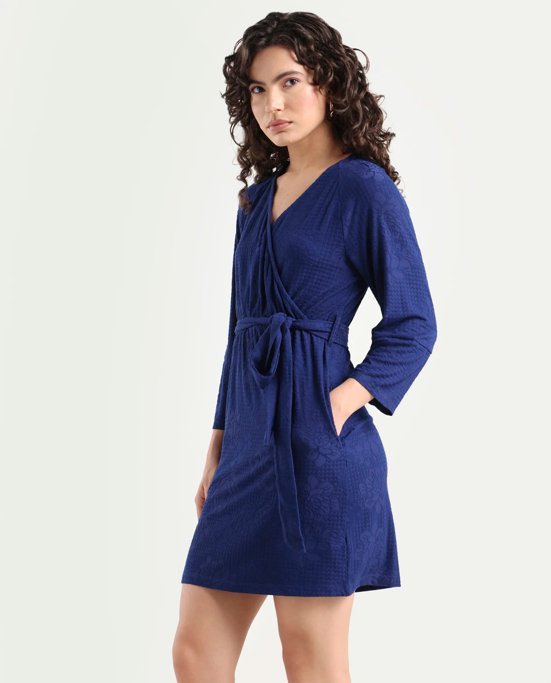 Rareism Women's Mose Navy Polyester V-Neck Floral Print Mini Regular Fit Dress