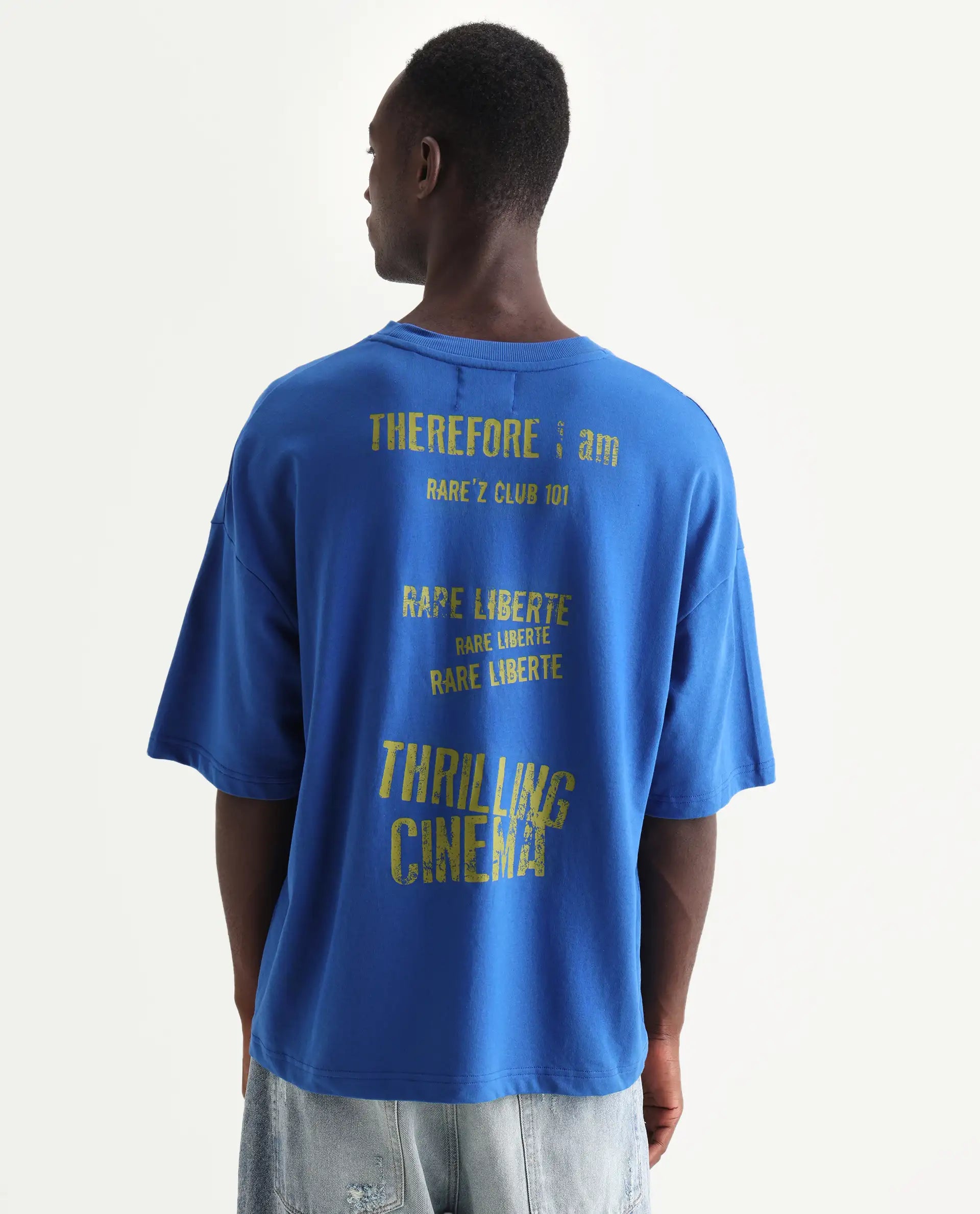 Rare Rabbit Men's Moshe Flouroscent Blue Cotton Graphic Print Oversized Fit Half Sleeve Crew Neck T-Shirt