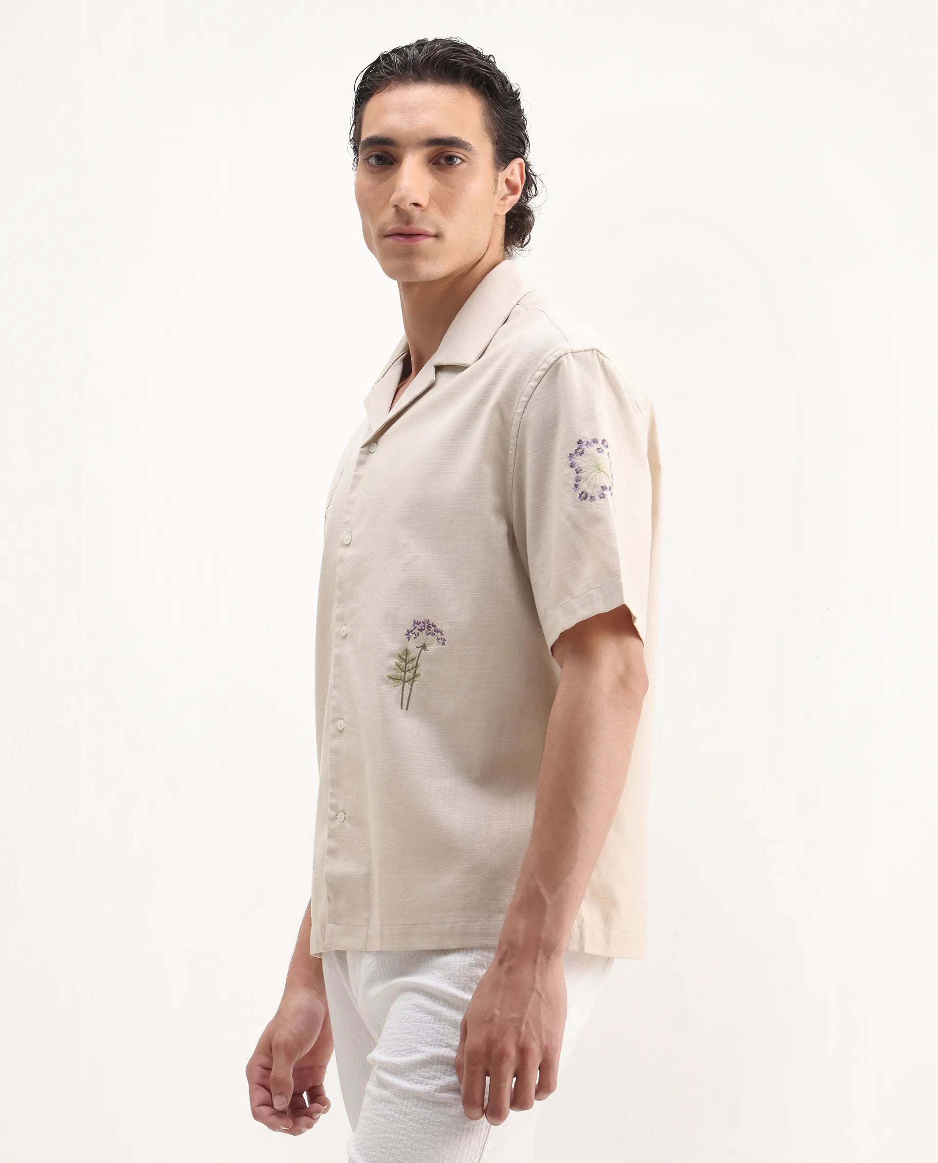 Rare Rabbit Men's Mouzon Off White Cotton Embroidered Relaxed Fit Half Sleeve Cuban Collar Shirt