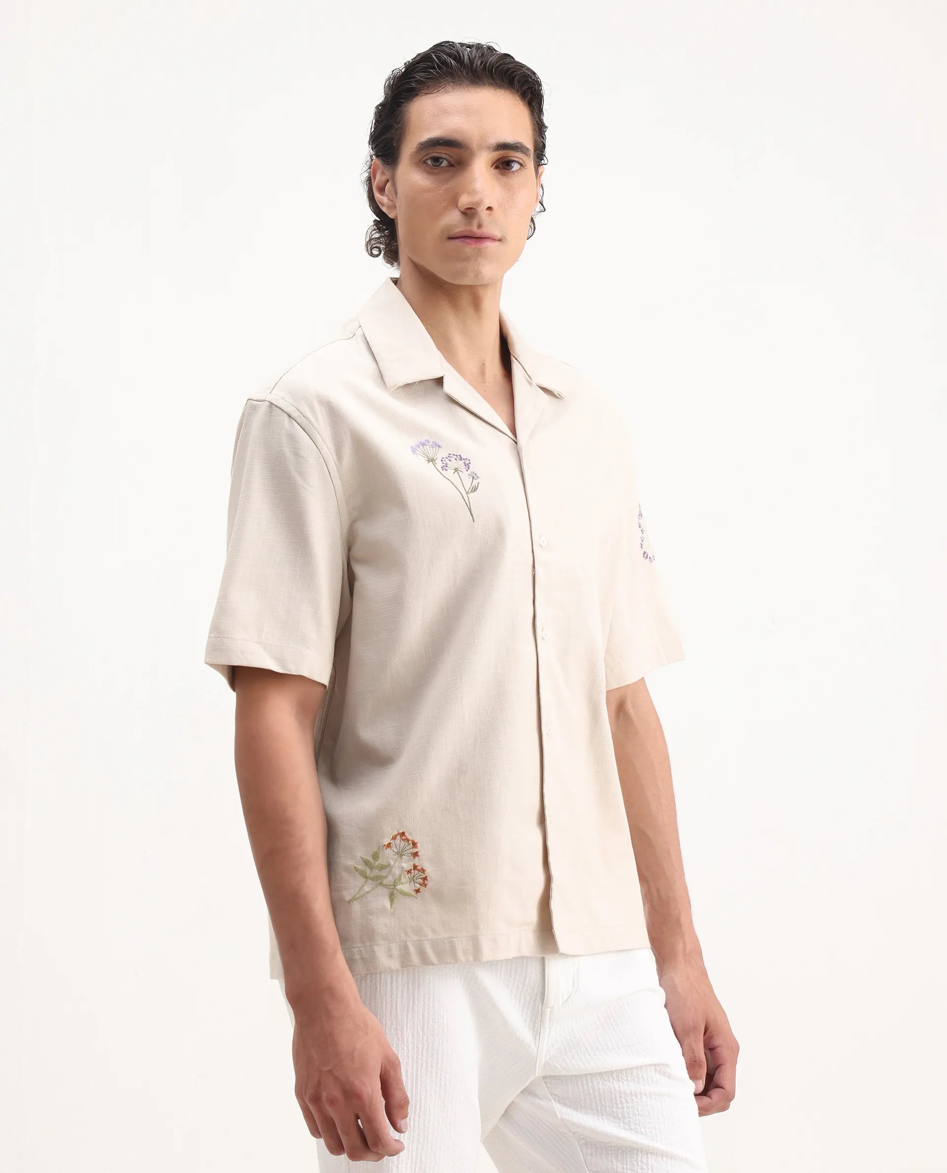 Rare Rabbit Men's Mouzon Off White Cotton Embroidered Relaxed Fit Half Sleeve Cuban Collar Shirt