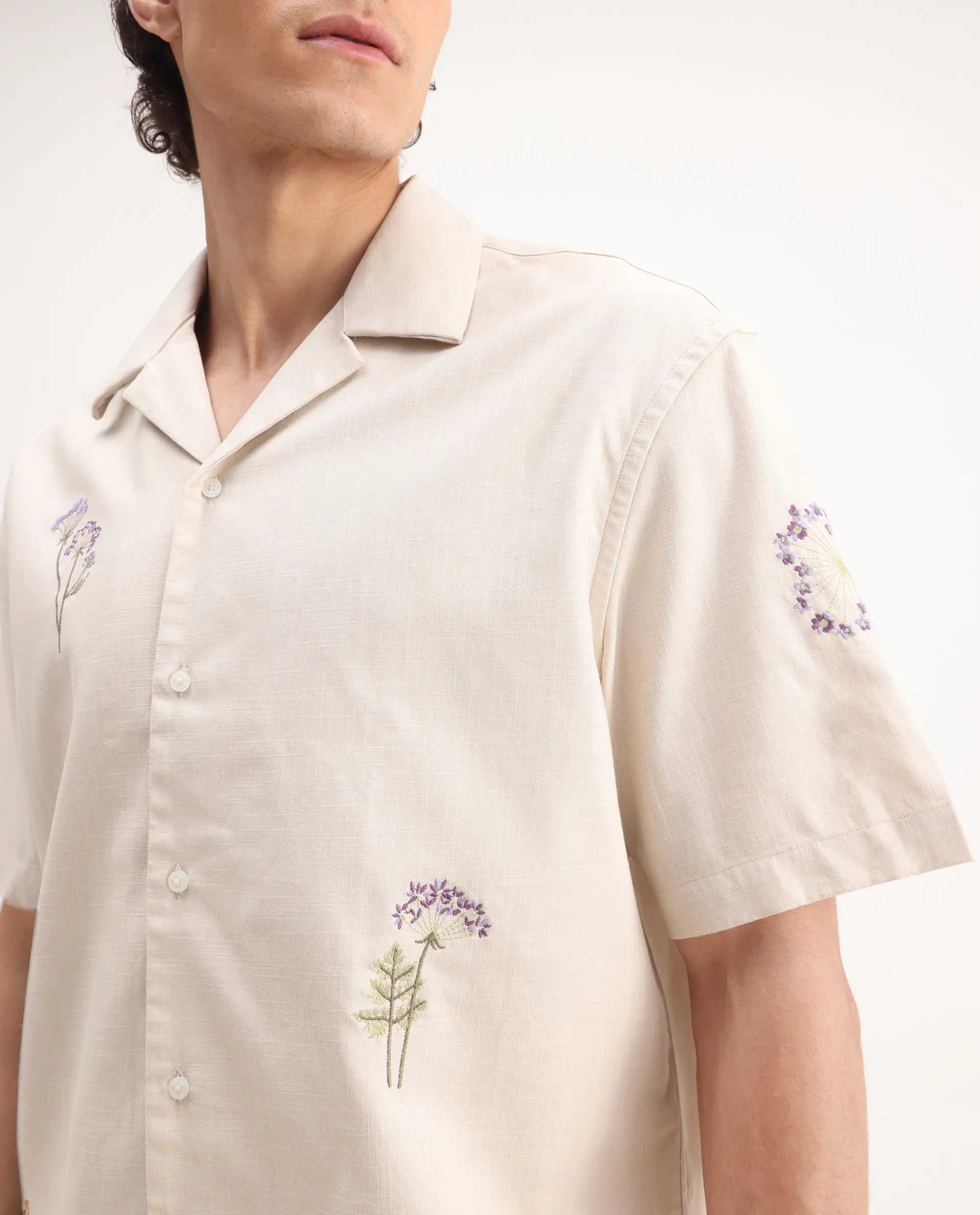 Rare Rabbit Men's Mouzon Off White Cotton Embroidered Relaxed Fit Half Sleeve Cuban Collar Shirt