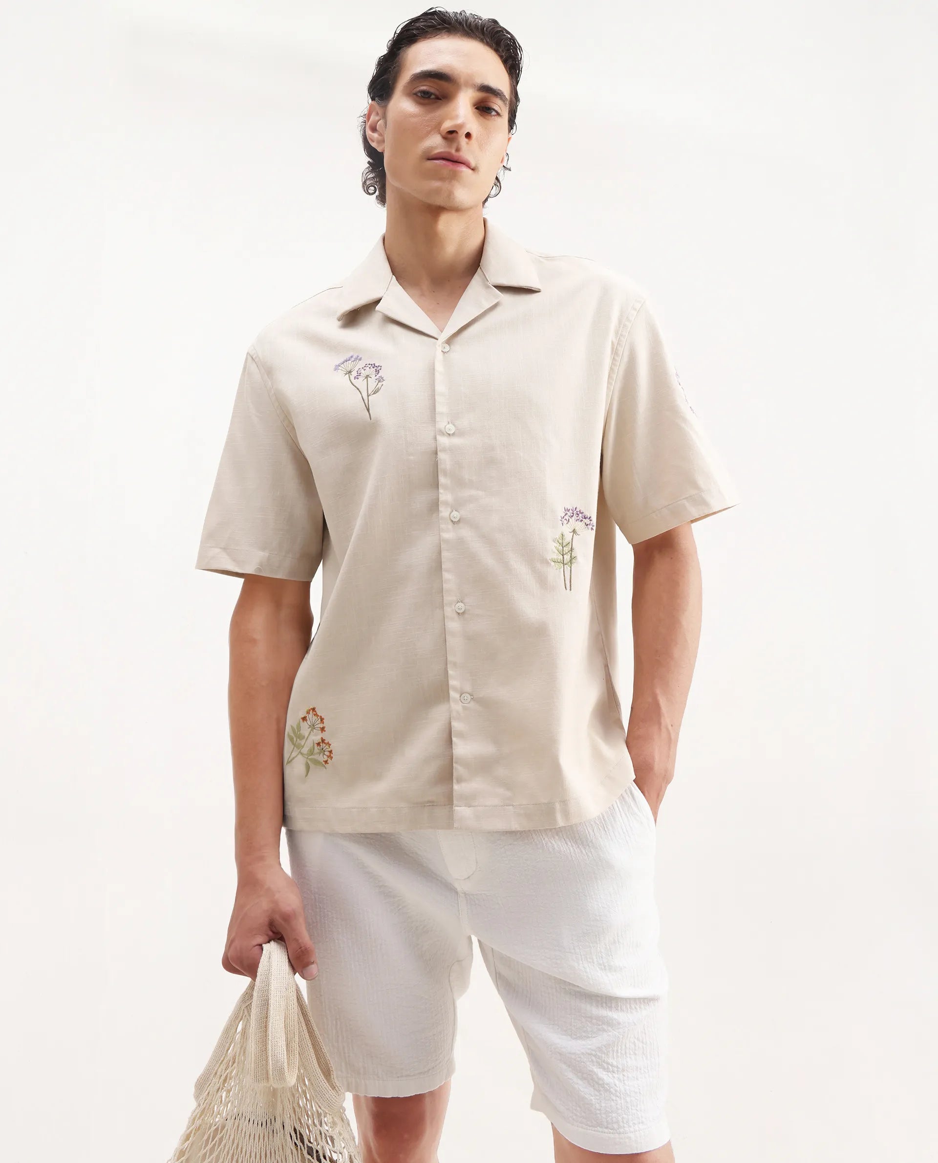 Rare Rabbit Men's Mouzon Off White Cotton Embroidered Relaxed Fit Half Sleeve Cuban Collar Shirt