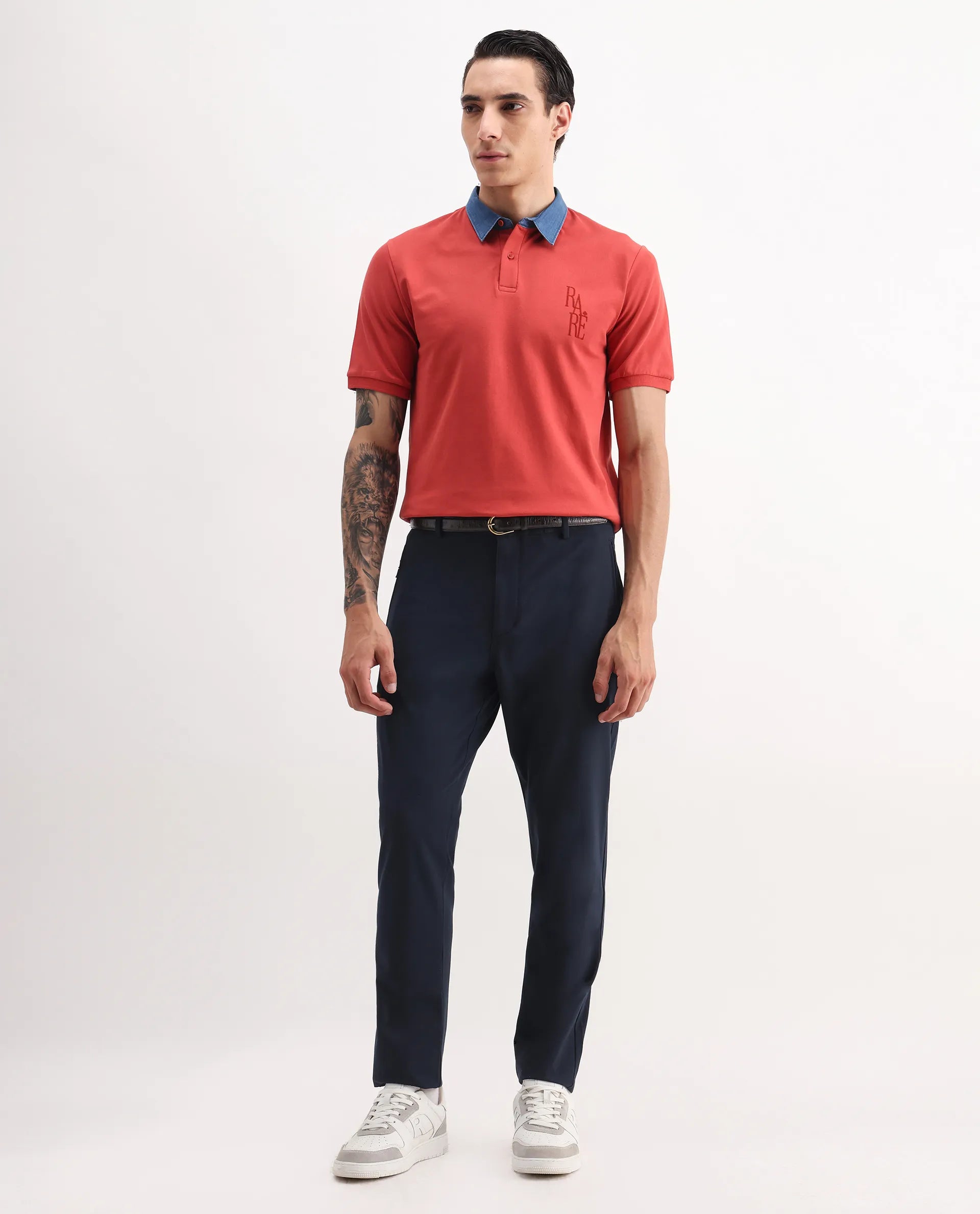 Rare Rabbit Men's Move-25 Navy Polyester Blend Plain Regular Fit Trouser