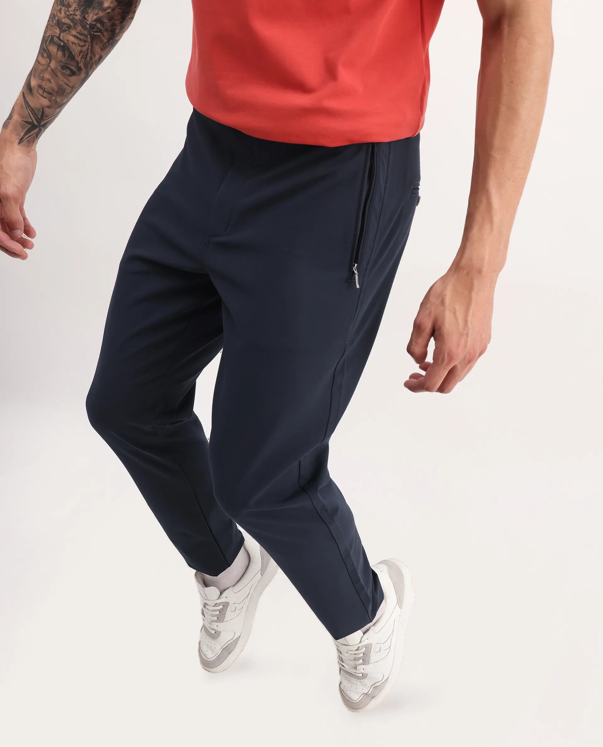 Rare Rabbit Men's Move-25 Navy Polyester Blend Plain Regular Fit Trouser