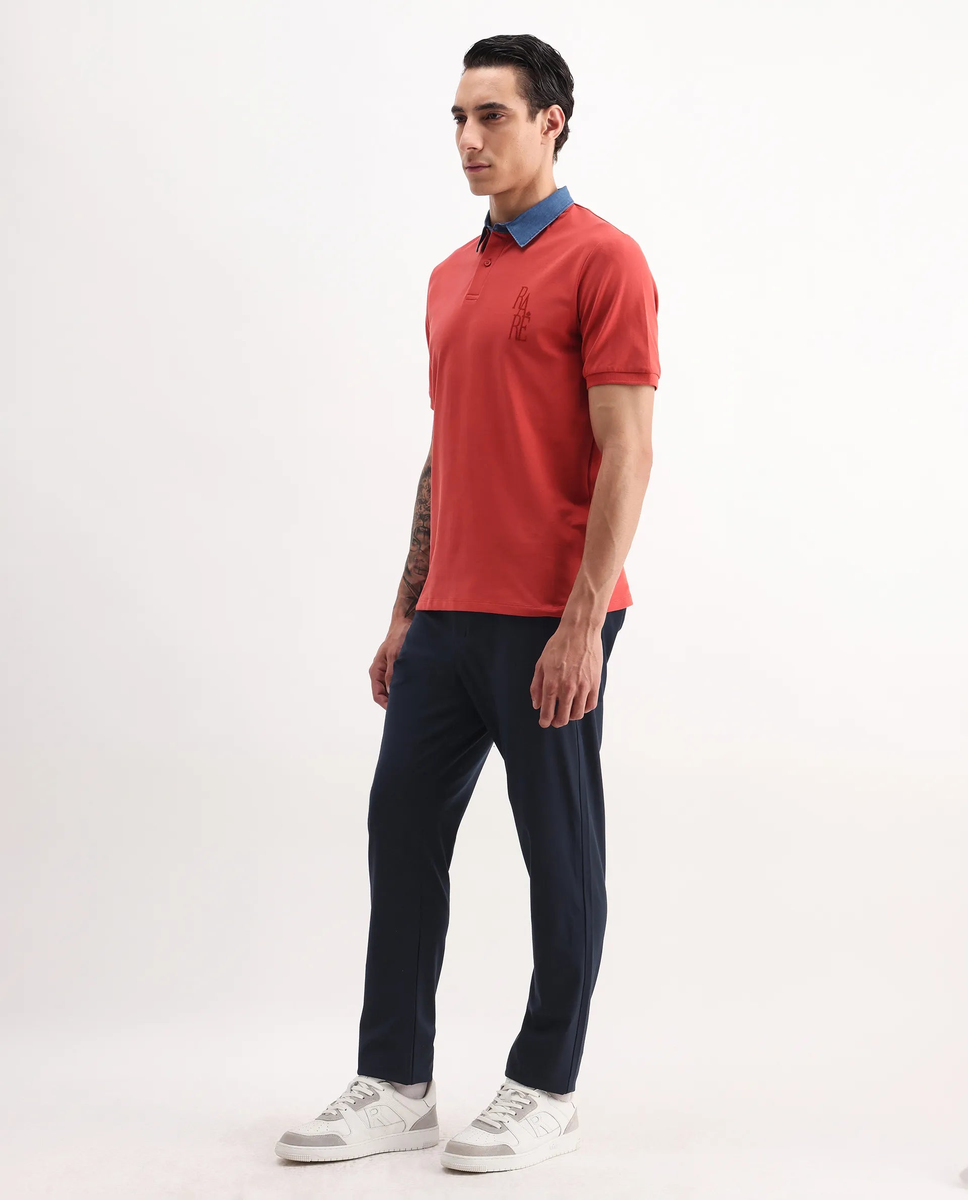 Rare Rabbit Men's Move-25 Navy Polyester Blend Plain Regular Fit Trouser