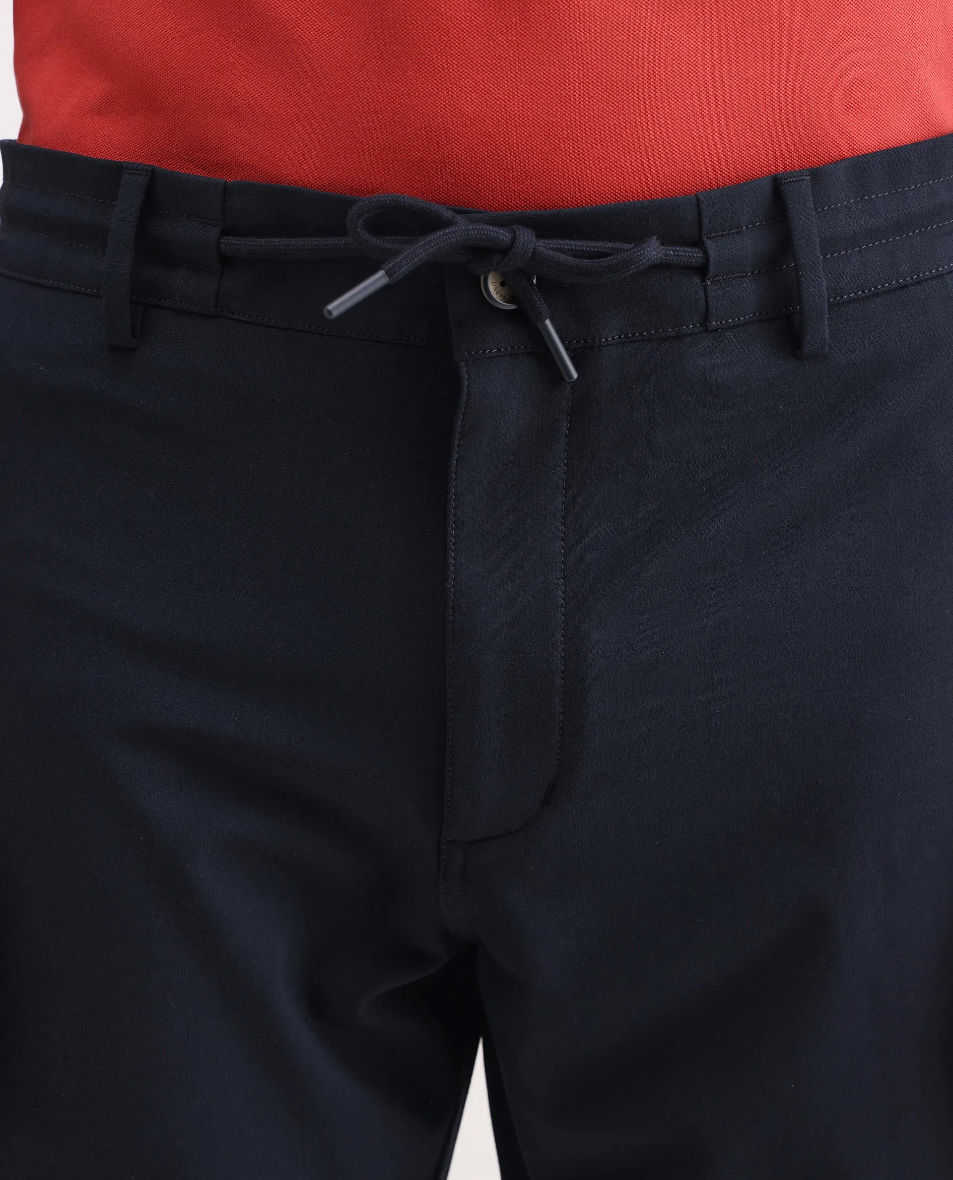 Rare Rabbit Men's Move-25 Navy Polyester Blend Plain Regular Fit Trouser