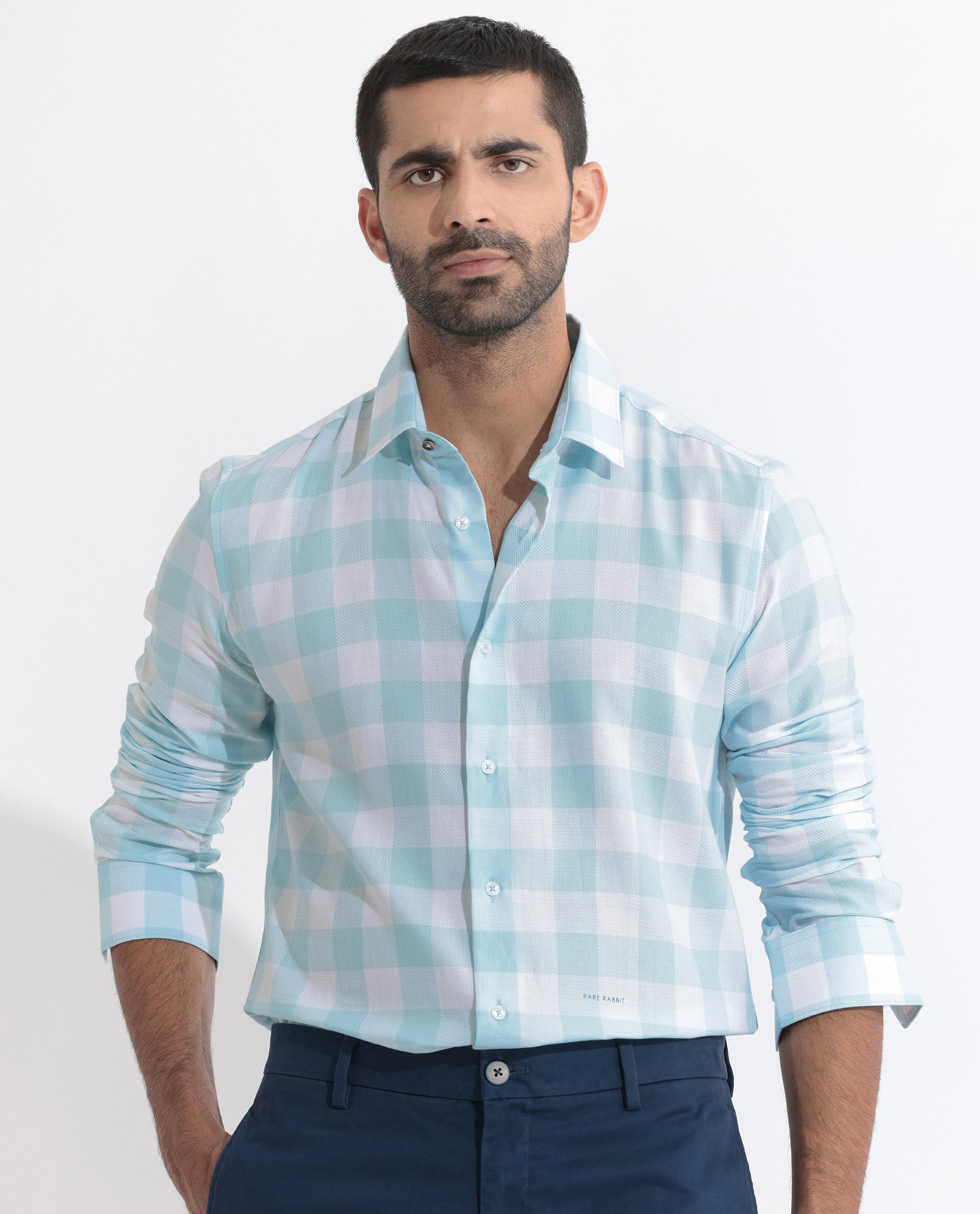 Rare Rabbit Men's Munich Blue Cotton Fabric Full Sleeves Checks Shirt