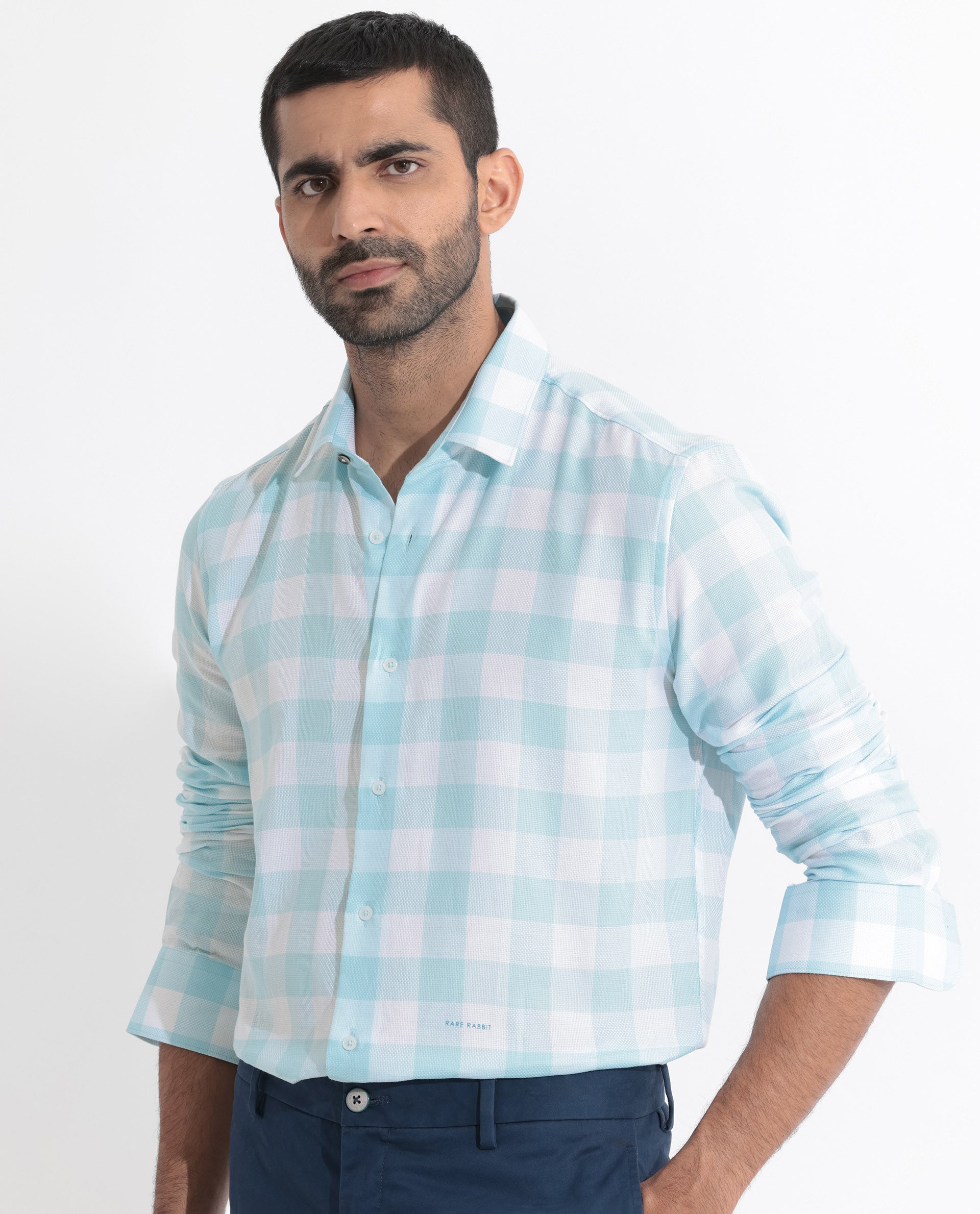 Rare Rabbit Men's Munich Blue Cotton Fabric Full Sleeves Checks Shirt