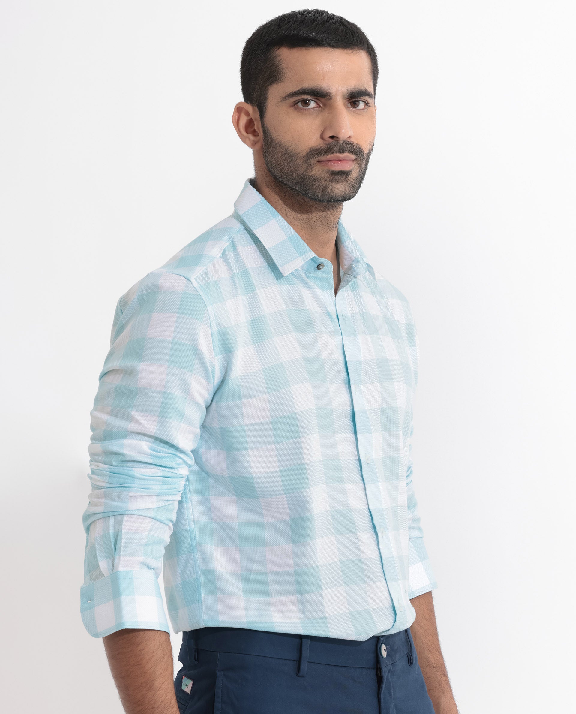 Rare Rabbit Men's Munich Blue Cotton Fabric Full Sleeves Checks Shirt